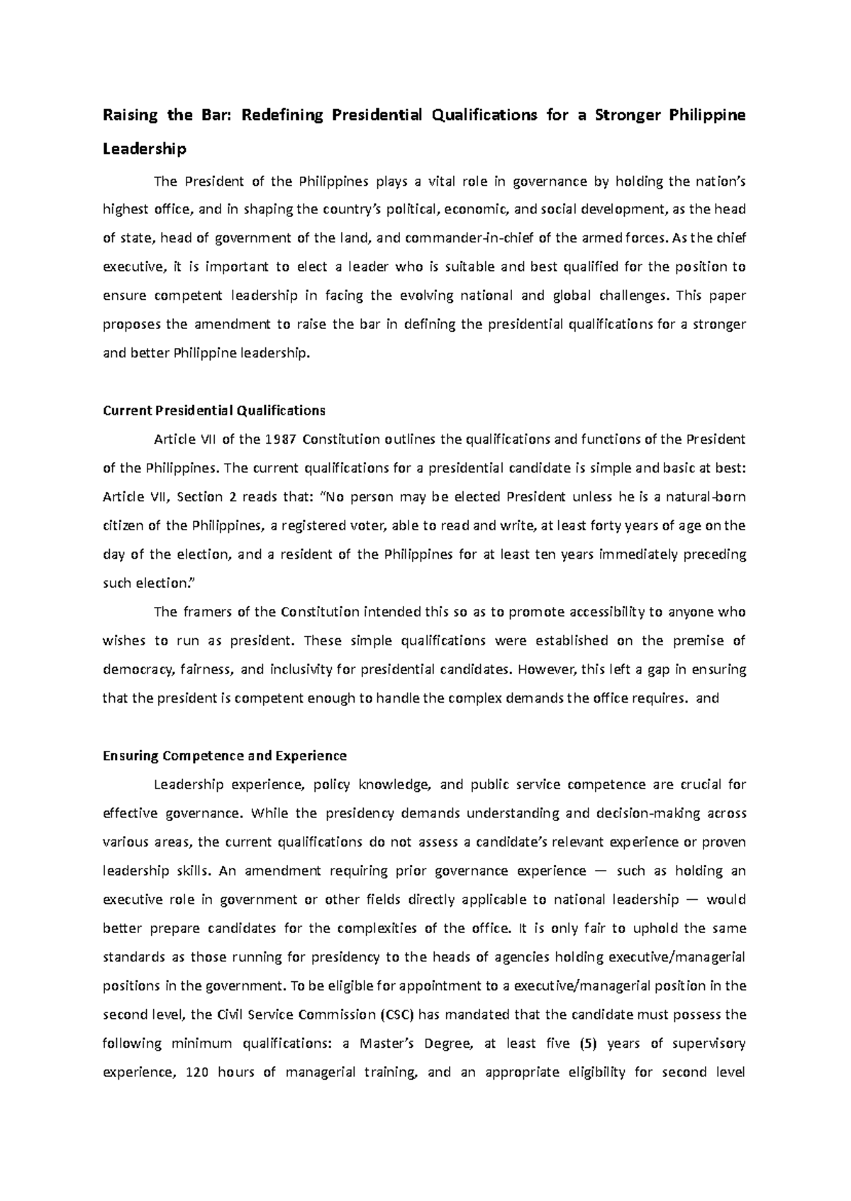 Final Consti Paper 2024 - Raising the Bar: Redefining Presidential ...