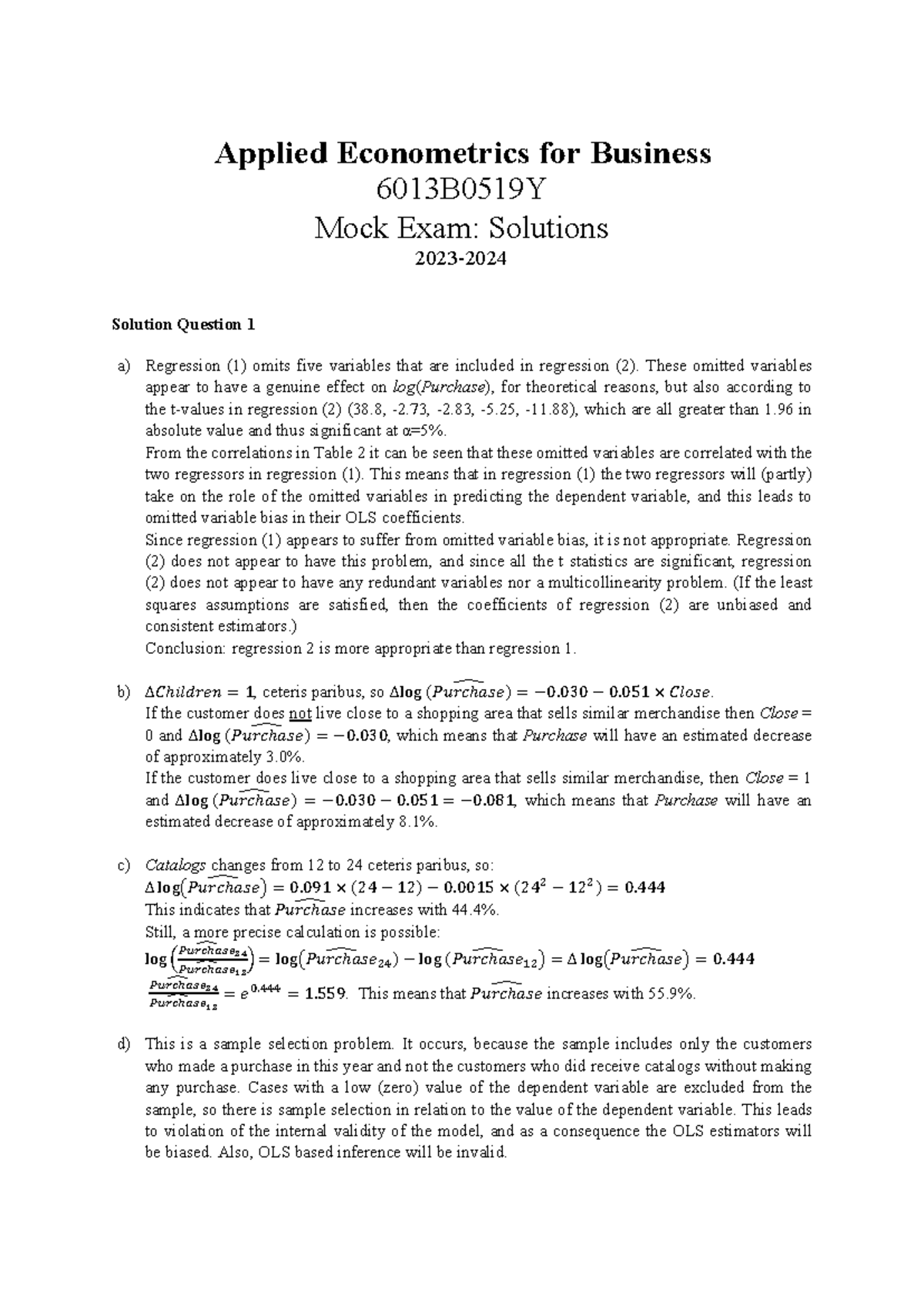 6013B0519Y Applied Econometrics Mock Exam Solutions - Studeersnel
