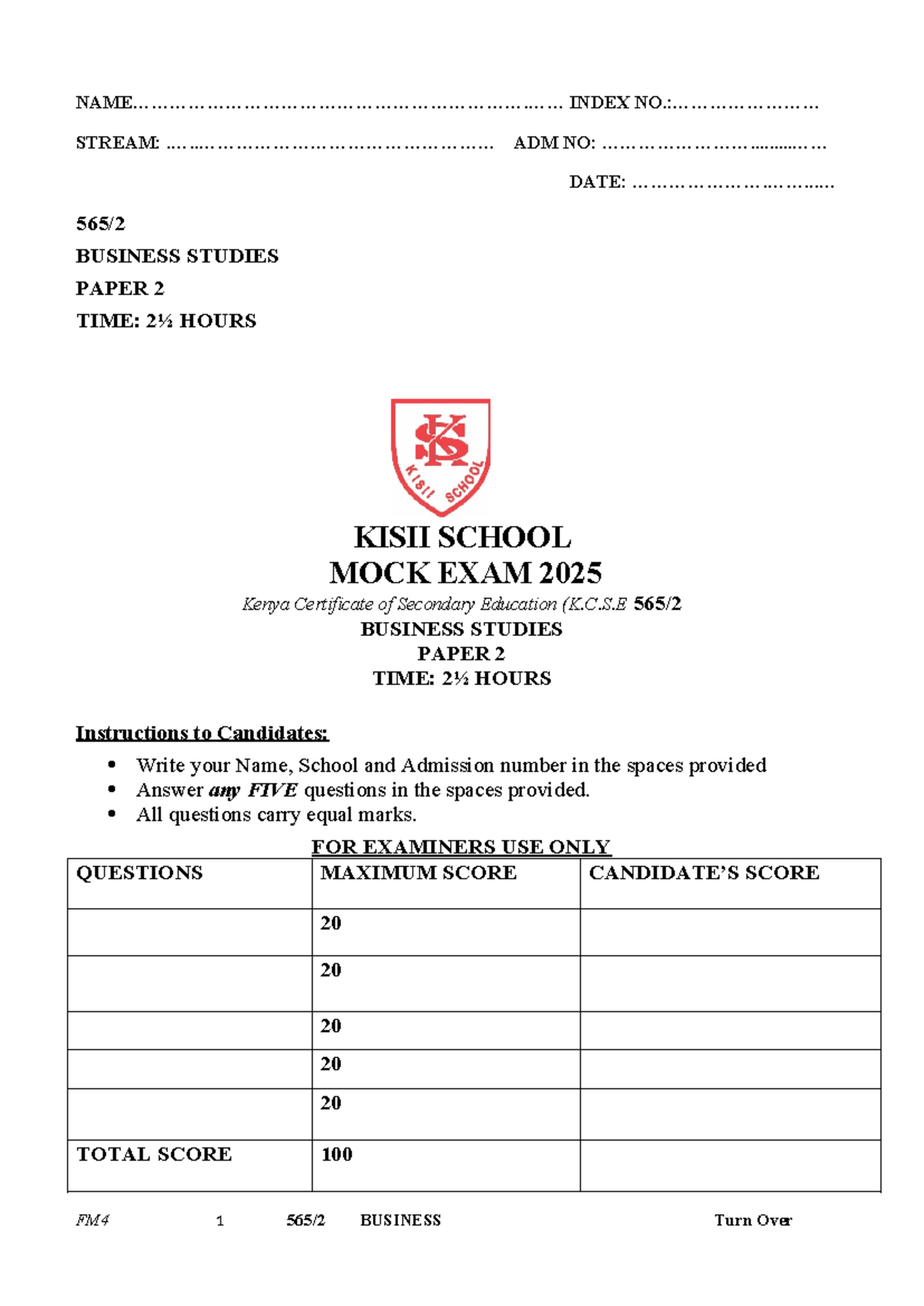 2025 K.C.S.E Business Studies Mock Exam Paper 2 - Kisii School - Studocu