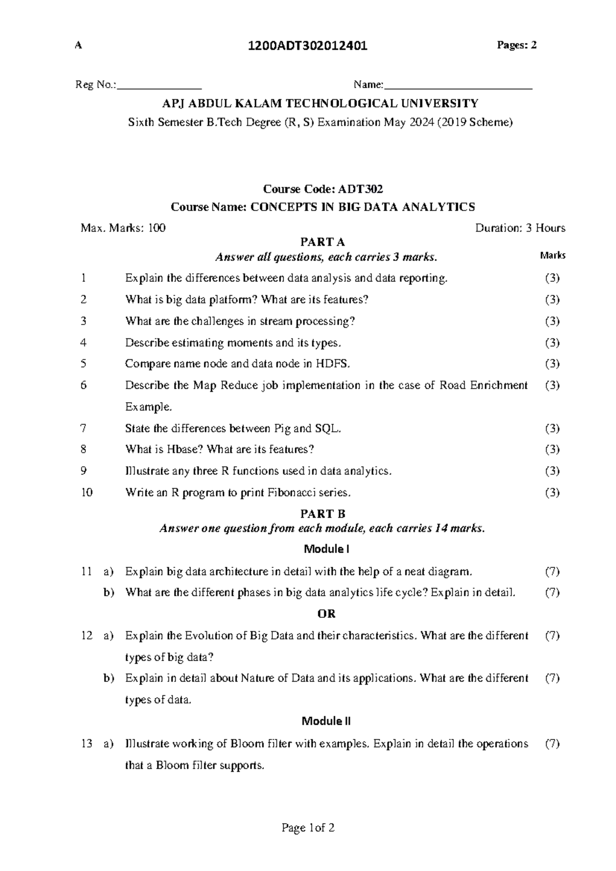 BDA PYQ-MAY2024: Concepts in Big Data Analytics (ADT 302) Exam Paper ...