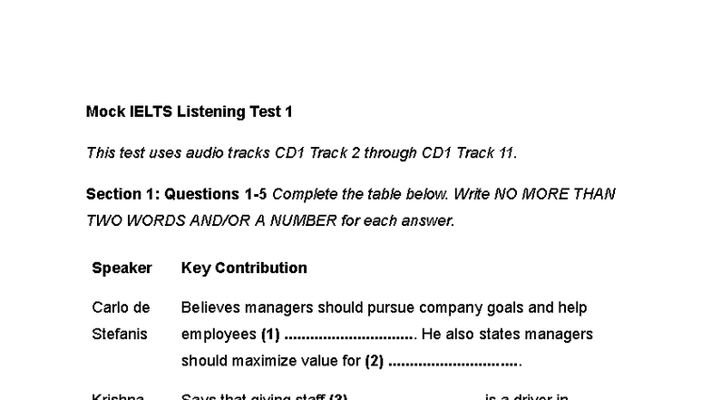 Mock IELTS Listening Test ESP1: Practice Questions and Answers - Studocu