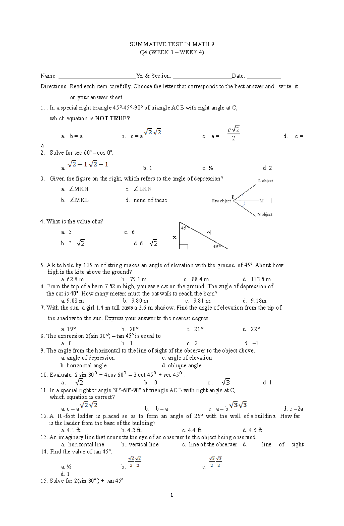 Math 9 Q4 Summative Test: Weeks 3 & 4 Review - Document Preview