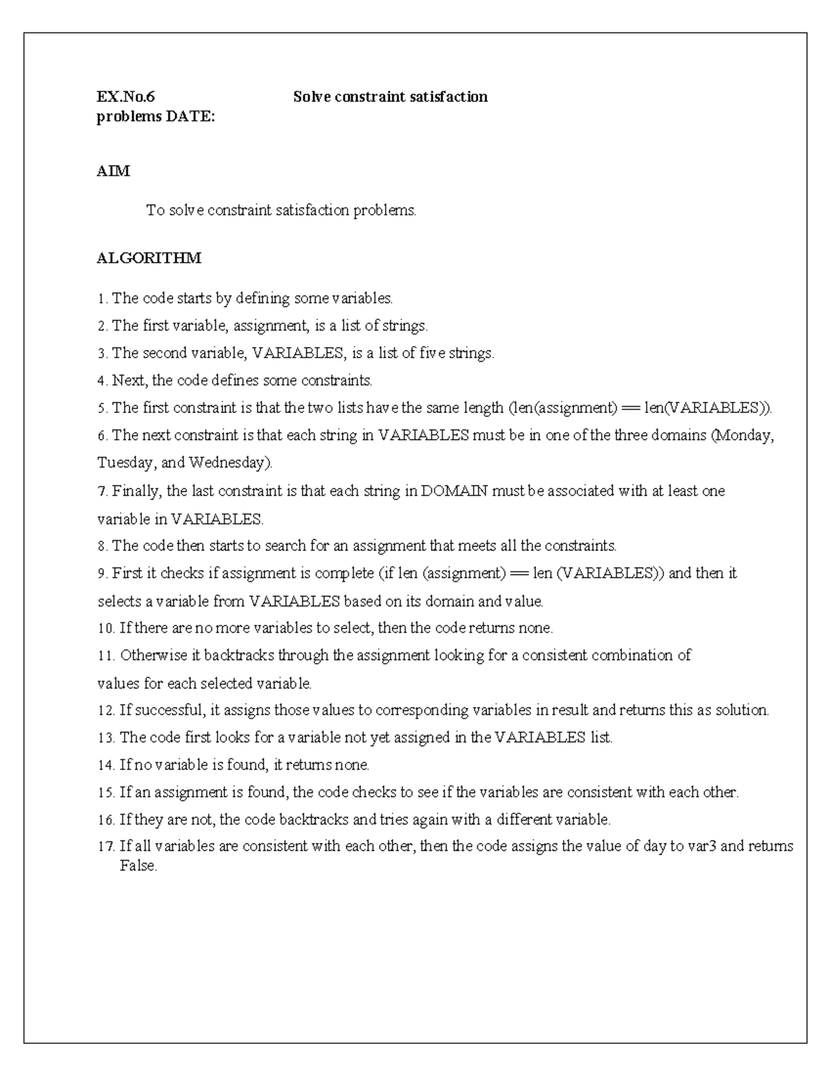 AI Manual 6: Solving Constraint Satisfaction Problems - Studocu