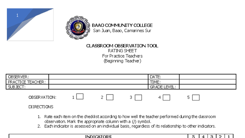 COT-1-1: Classroom Observation Tool Rating Sheet for Practice Teachers ...