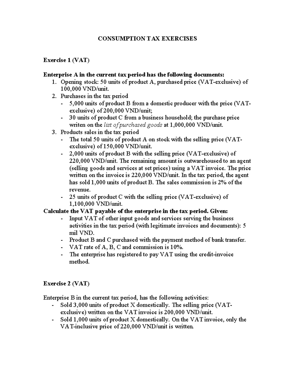 Bt tax - Lecture notes on consumption tax exercises and calculations ...