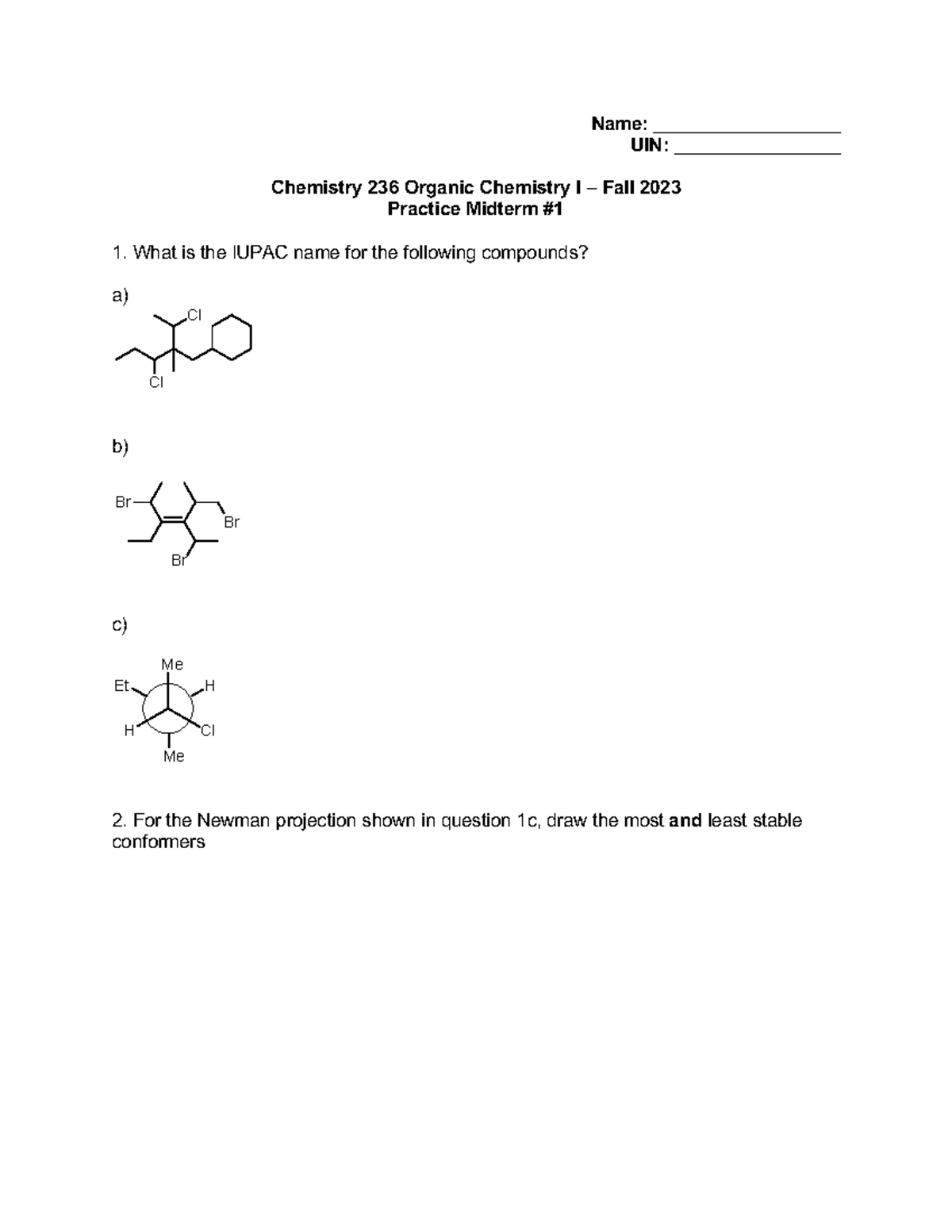 Chem 236 Midterm 1 Practice - Organic Chemistry I Fall 2023 - Studocu