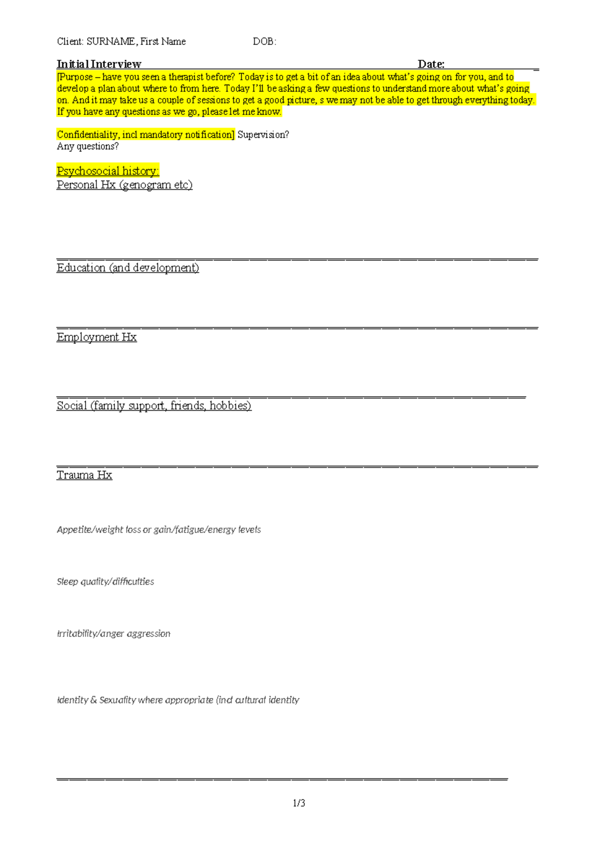 Client Intake Template: Alex's Initial Interview Notes - Studocu