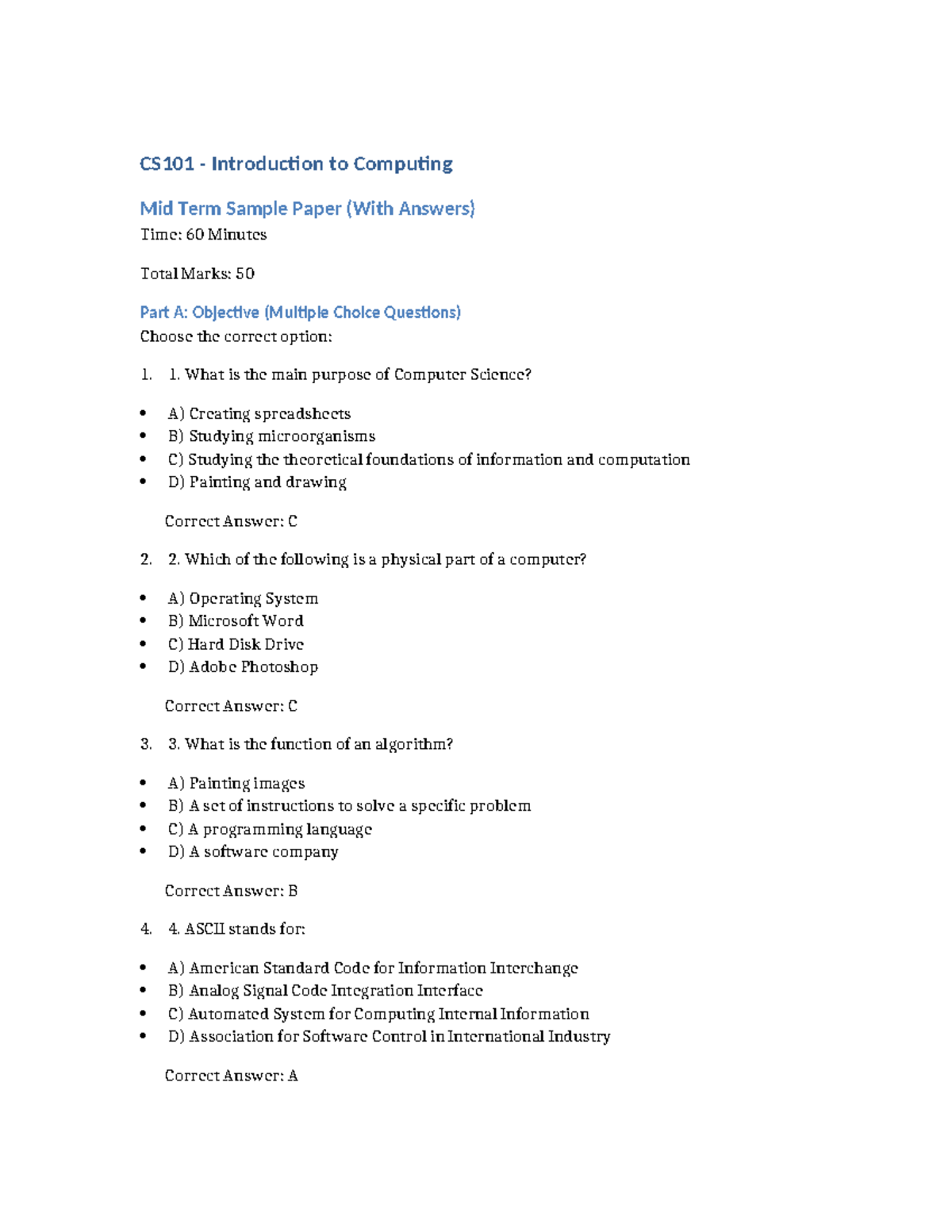 CS101 Midterm Exam Sample Paper with Answers (60 Minutes, 50 Marks ...