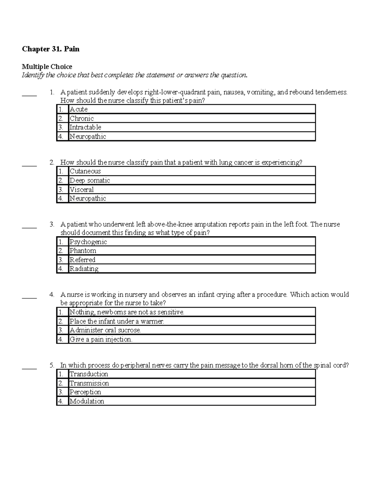 Ch31Pain - Chapter 31: Test Questions on Pain Management - Studocu