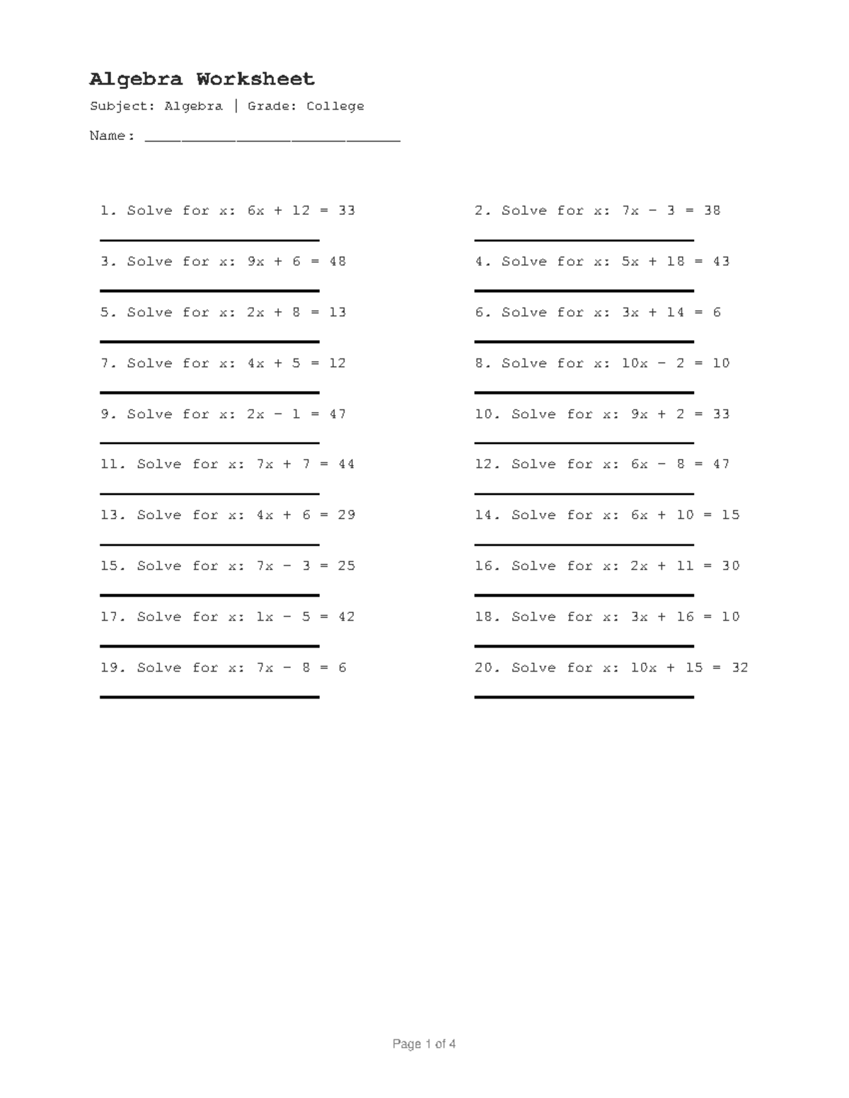 Algebra Worksheet (College) - Solve for x Problems - Studocu