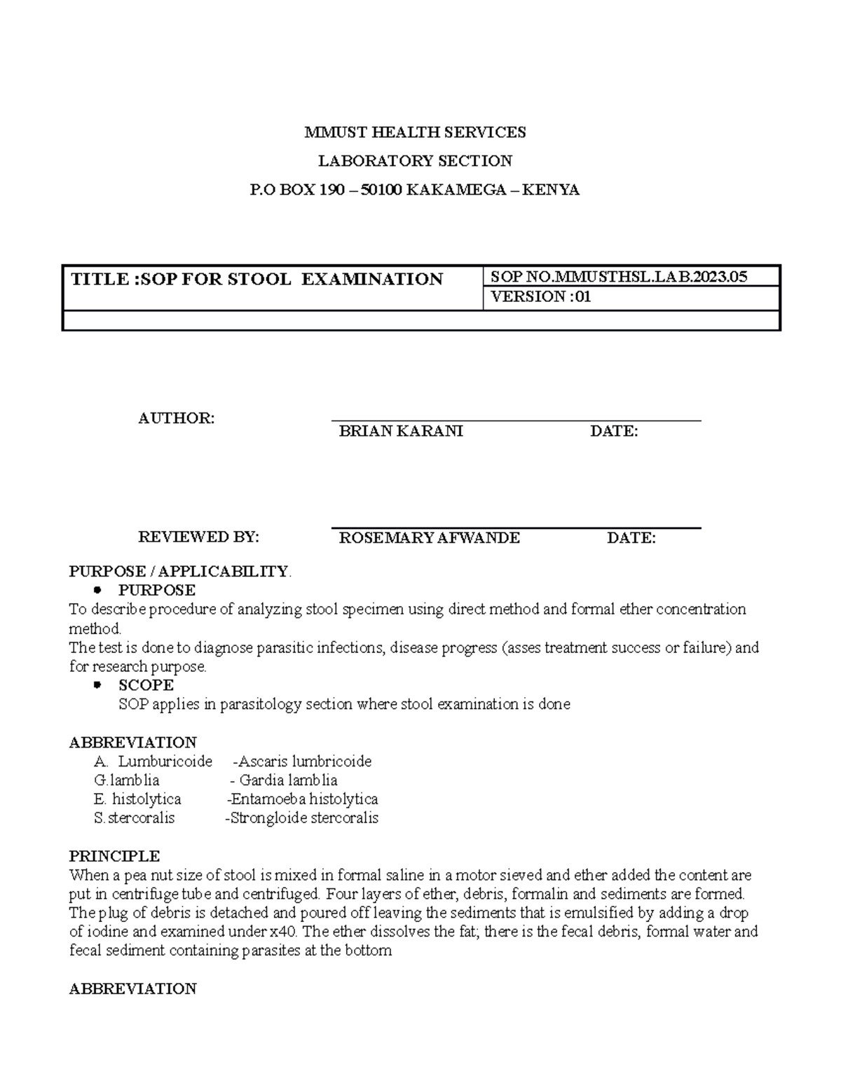 SOP MMUSTHSL.LAB.2023: Stool Examination Protocol and Methods - Studocu