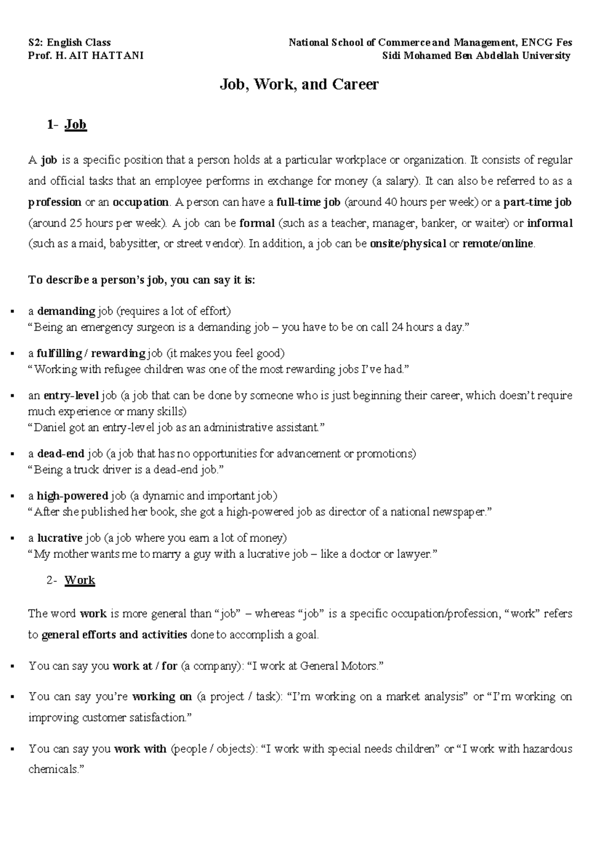 S2: Business English - Job, Work, and Career Overview - Studocu