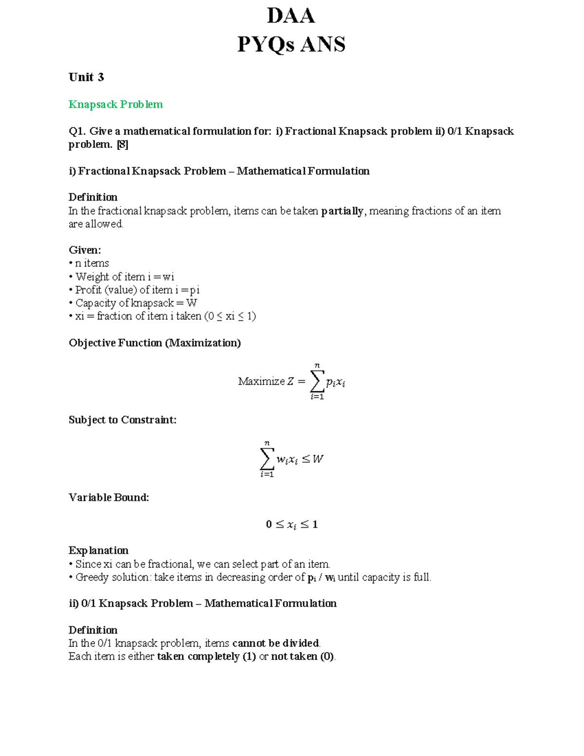 DAA PYQs ANS (SS) - Knapsack Problem Formulations and Solutions - Studocu