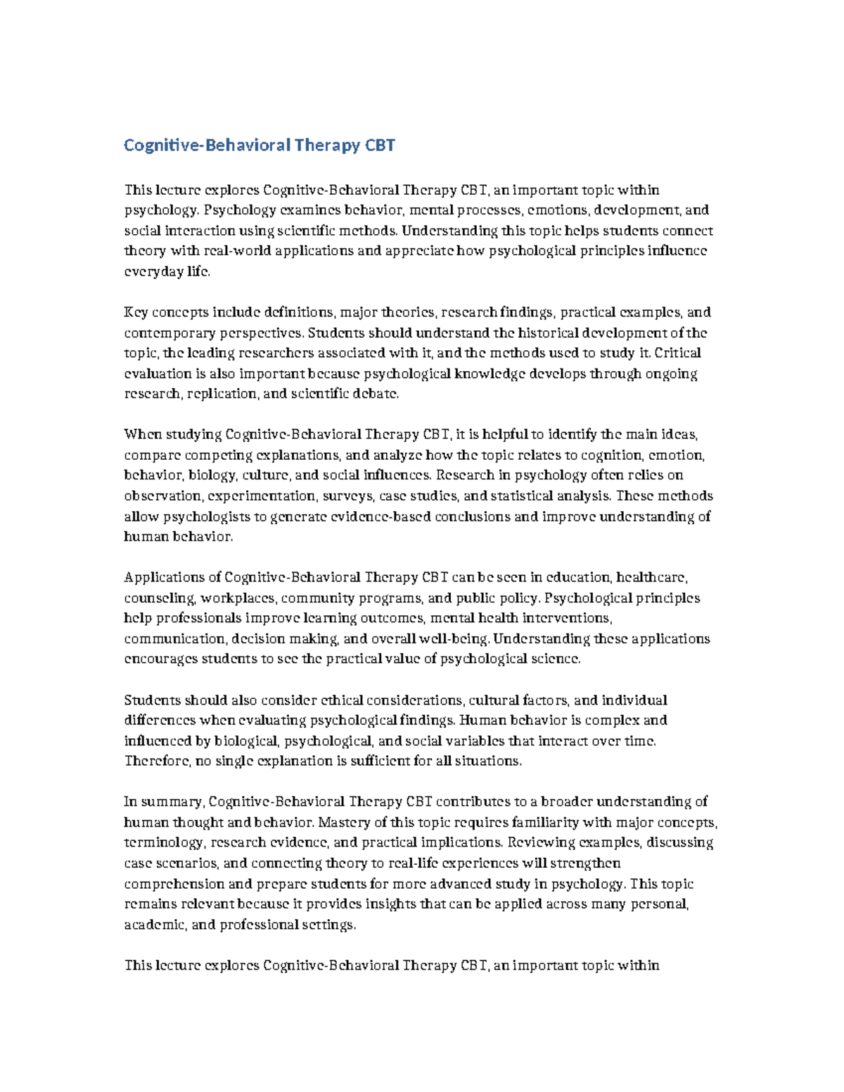 Cognitive-Behavioral Therapy (CBT) Lecture Notes for Psychology - Studocu