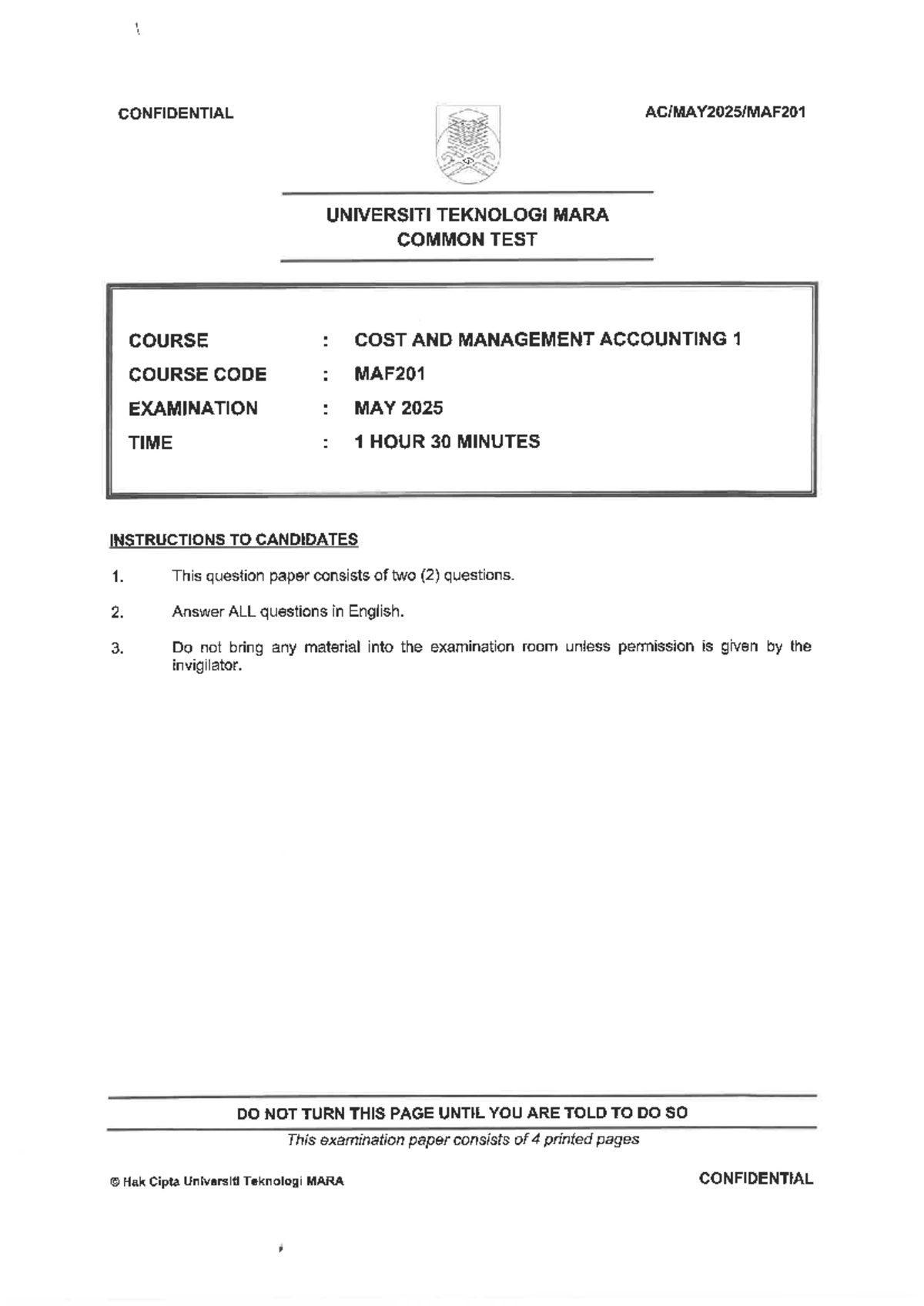 MAF201 Common Test May 2025 - Cost & Management Accounting Exam - Studocu