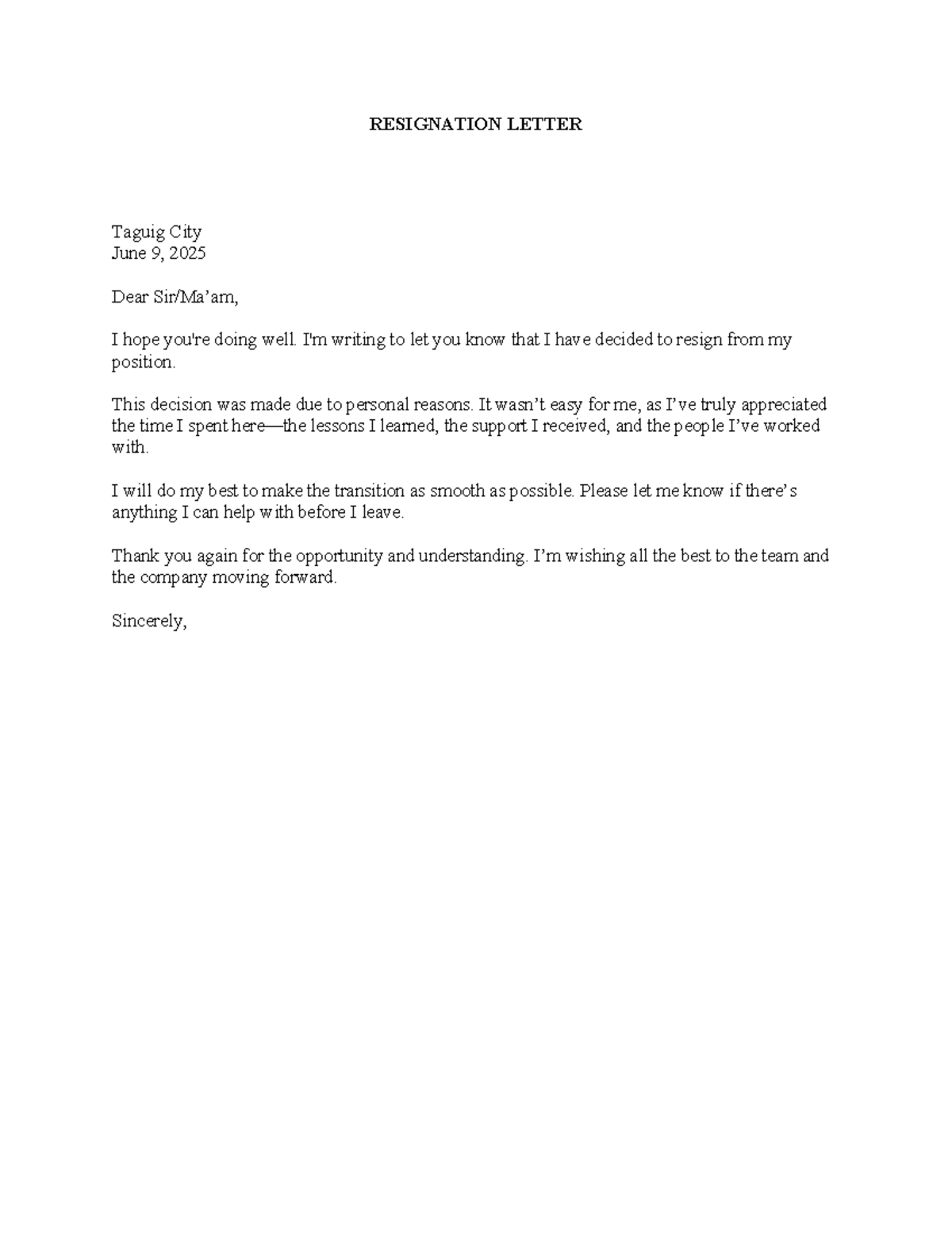 Resignation Letter Sample - Taguig City, June 2025 - Studocu