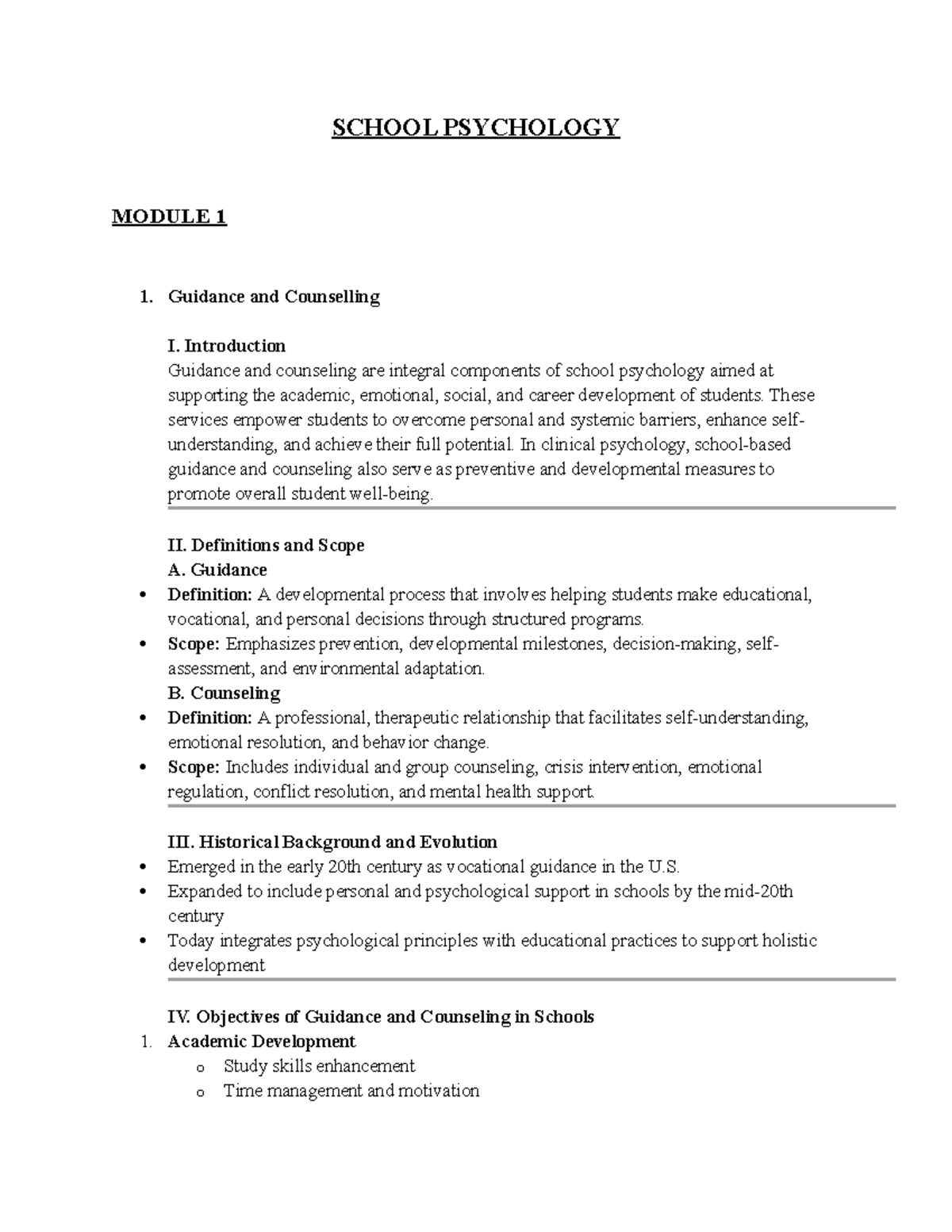 SCHOOL PSYCHOLOGY MODULE 1: Guidance and Counseling Overview - Studocu