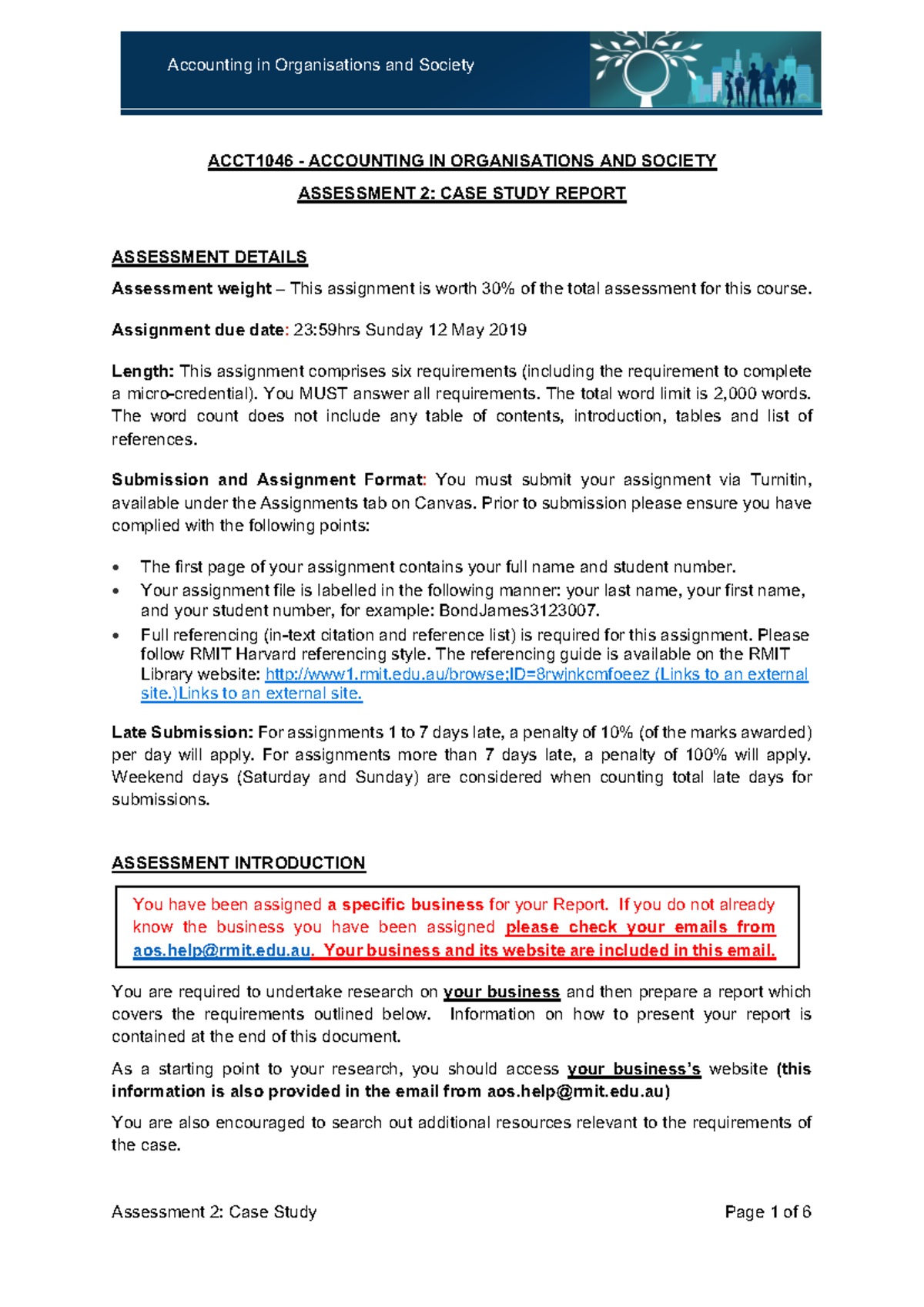 Case Study Assessment - 1 2019 - final - ACCT1046 - ACCOUNTING IN ...