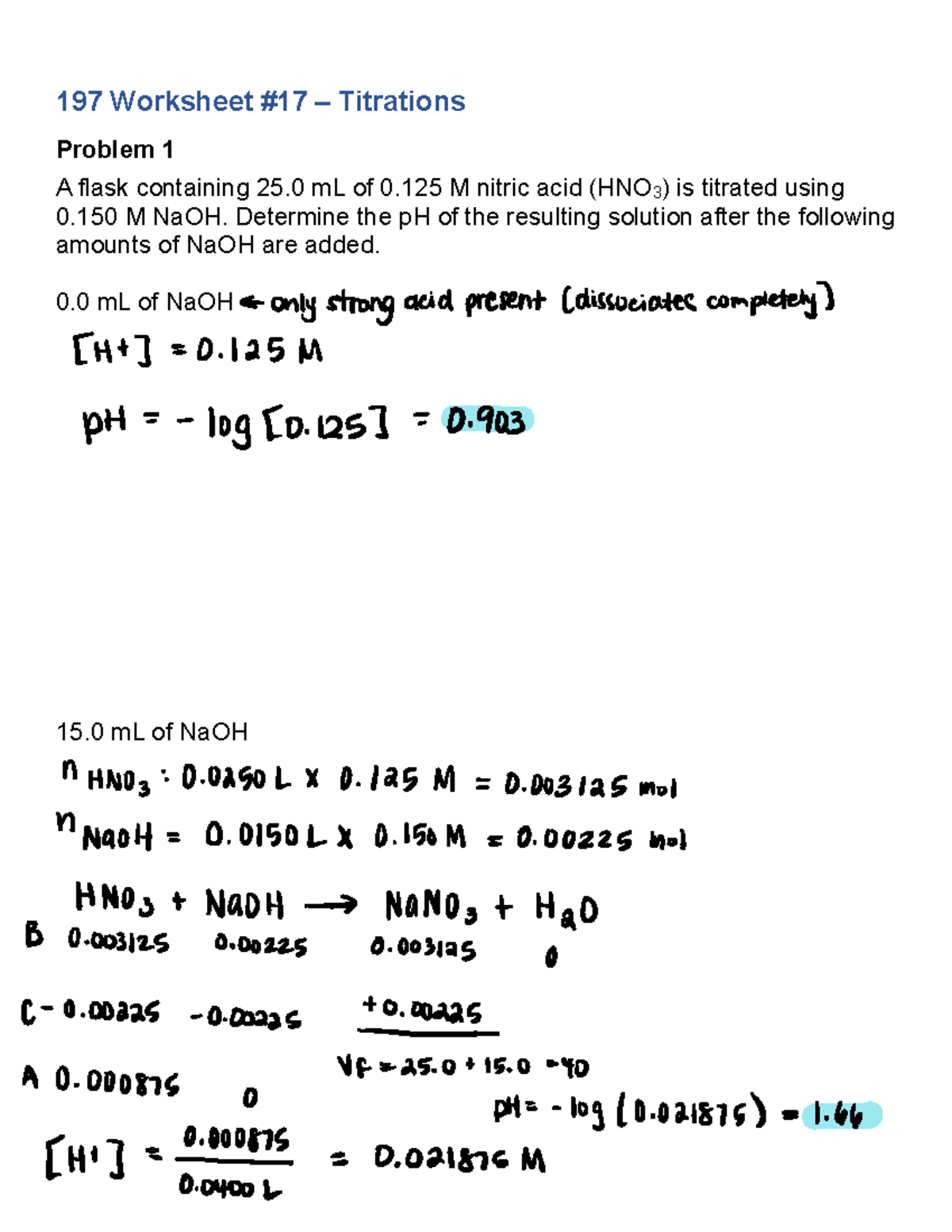 197 Worksheet #18 - Titration Calculations and pH Determination - Studocu