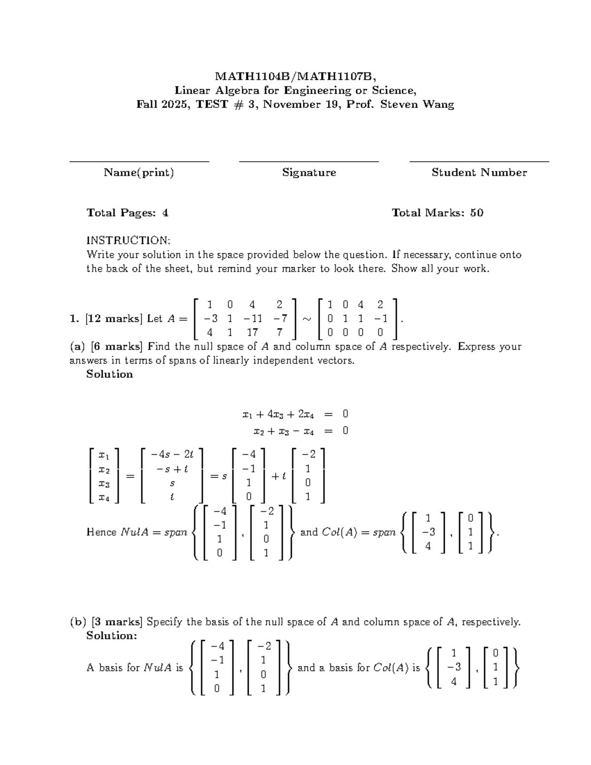 Test 3 Solutions for Linear Algebra (ENGR/SCI) - Fall 2025 - Studocu