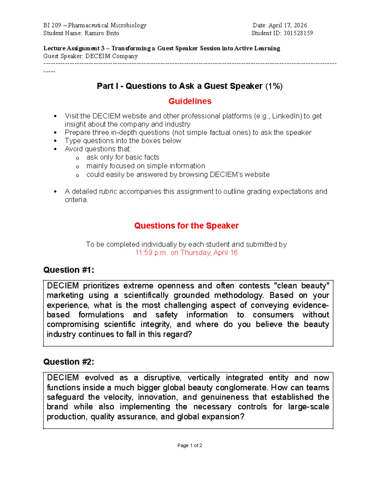BI 209-W26 Lecture Assignment 3: Guest Speaker Q&A Insights - Studocu