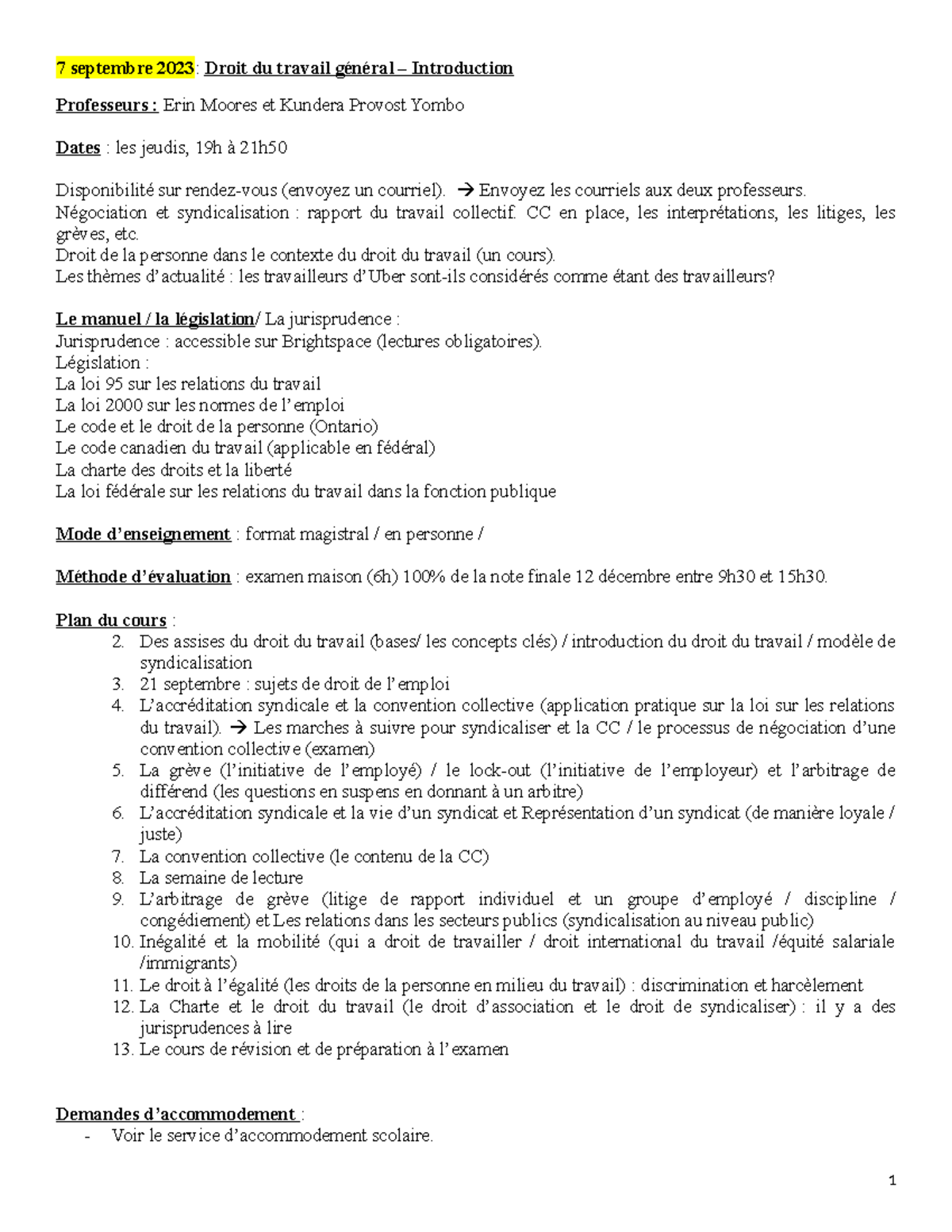 NDC - Cours 1: Introduction au Droit du Travail Général - Studocu