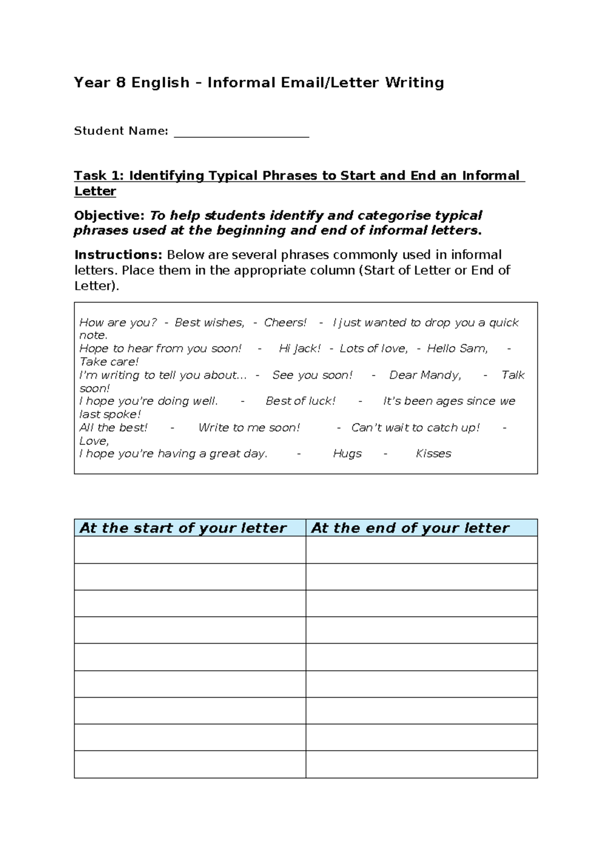 Year 8 English Worksheet: Informal Email/Letter Writing Task - Studocu
