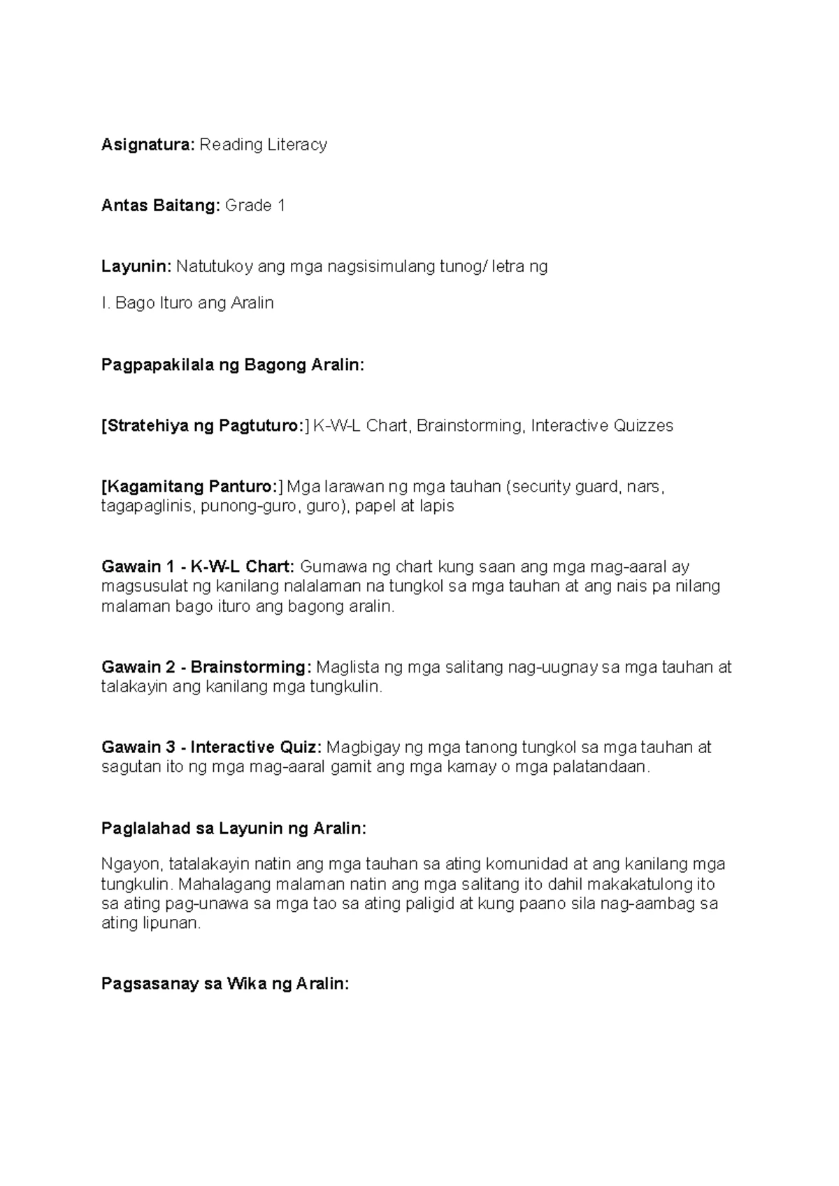 LE Language 1 Q1 W5 - Lesson Exemplar for Grade 1 - Studocu