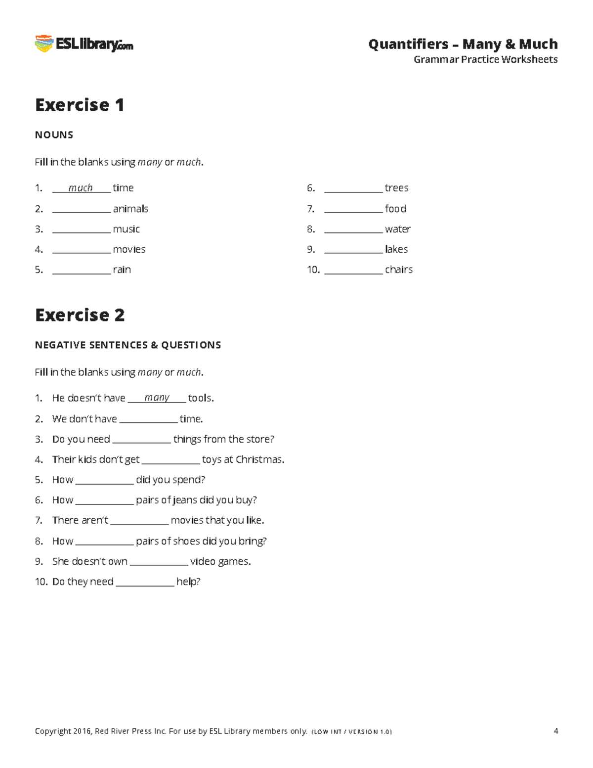 Quantifiers Many & Much Grammar Practice Worksheets ESL 101 Studocu