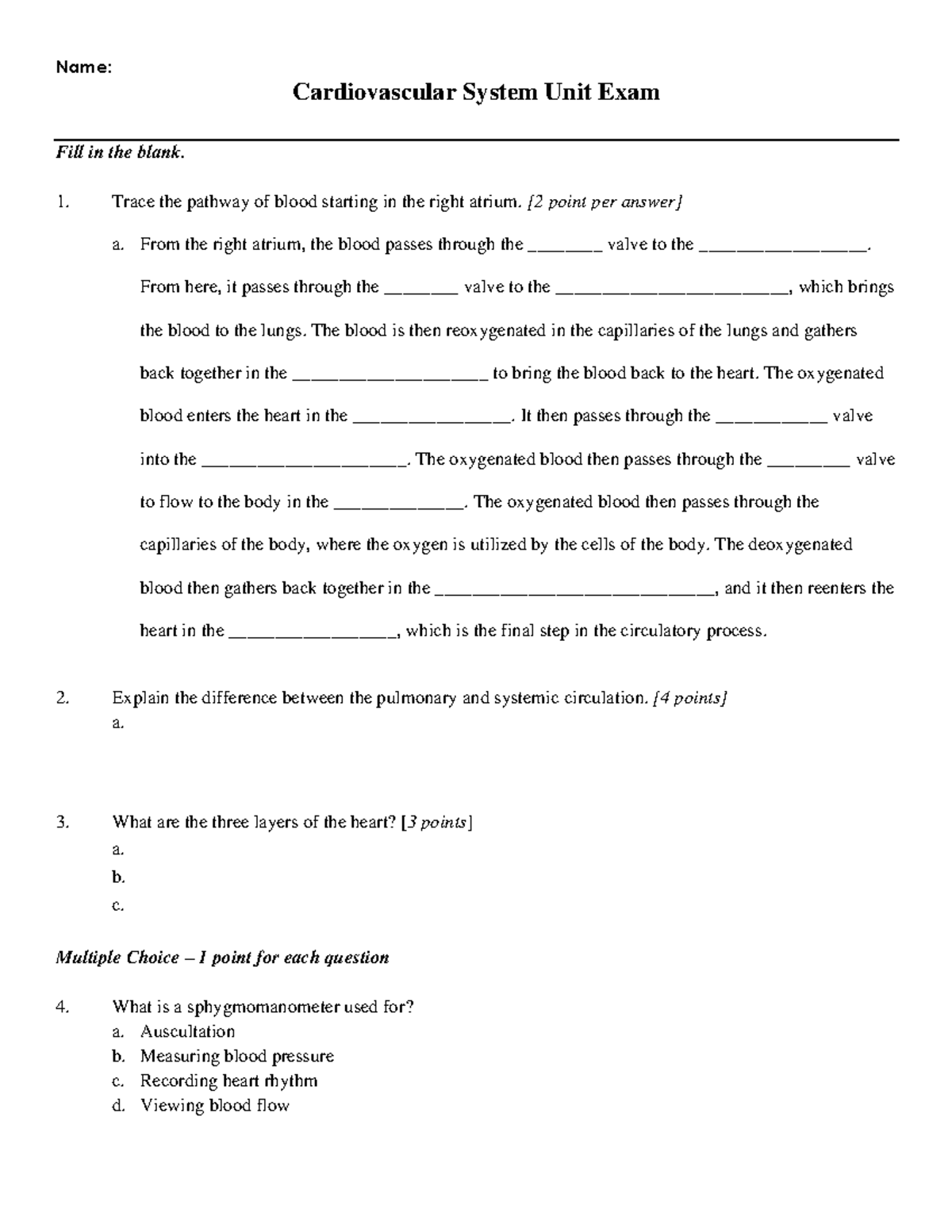 Cardiovascular System Unit Exam Review for Bio 101 - Studocu
