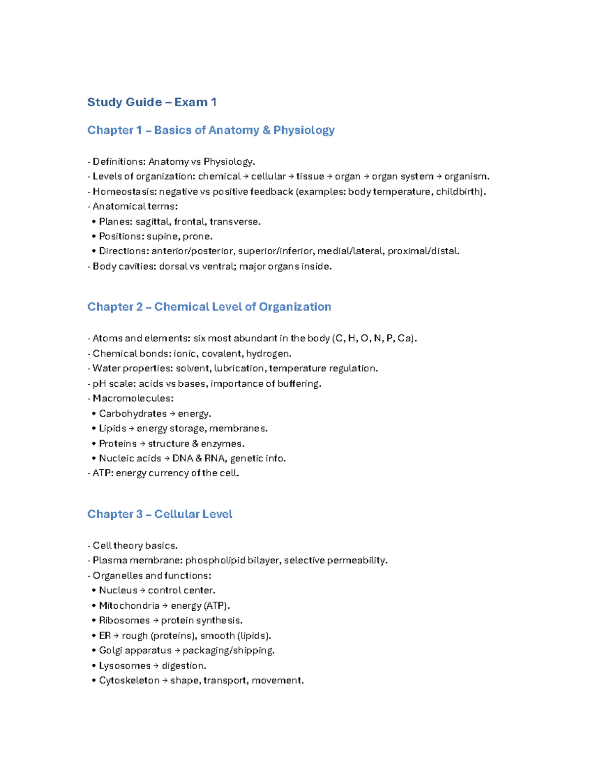 Study Guide – Exam 1: Anatomy & Physiology Overview - Studocu