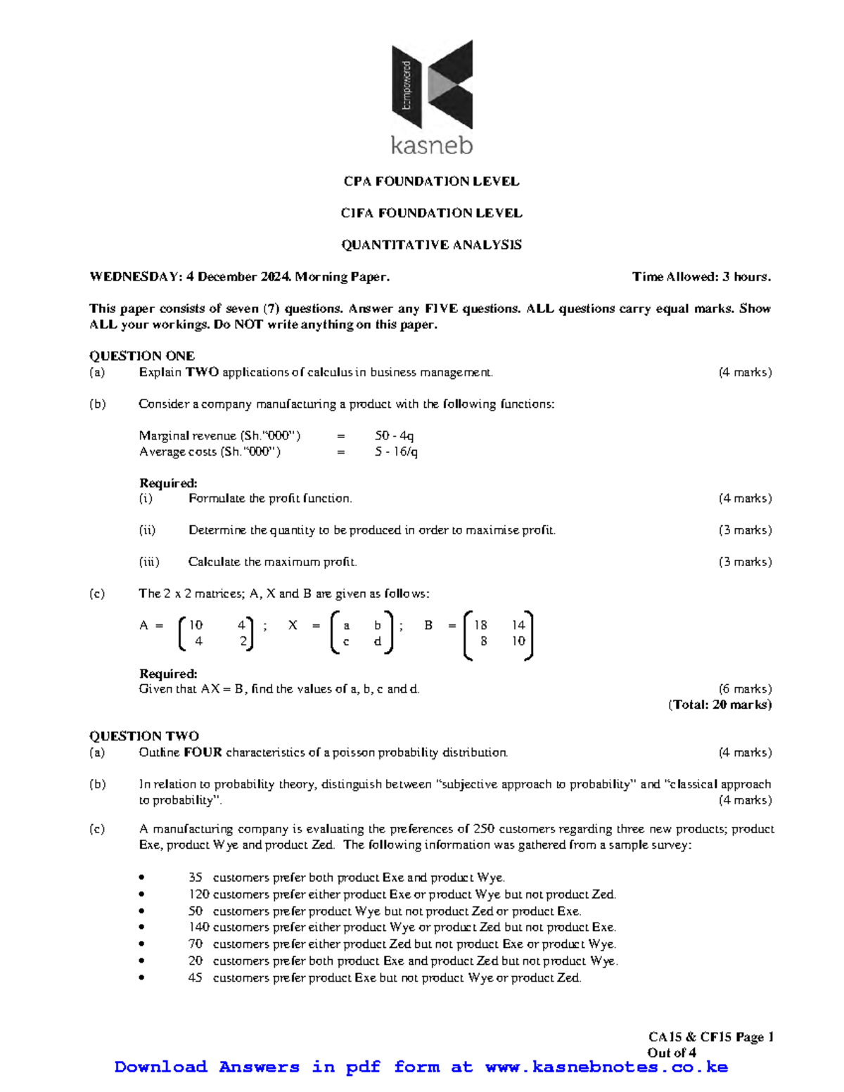 KASNEB CPA CA15 & CF15 Final Exam Past Questions: Quantitative Analysis ...