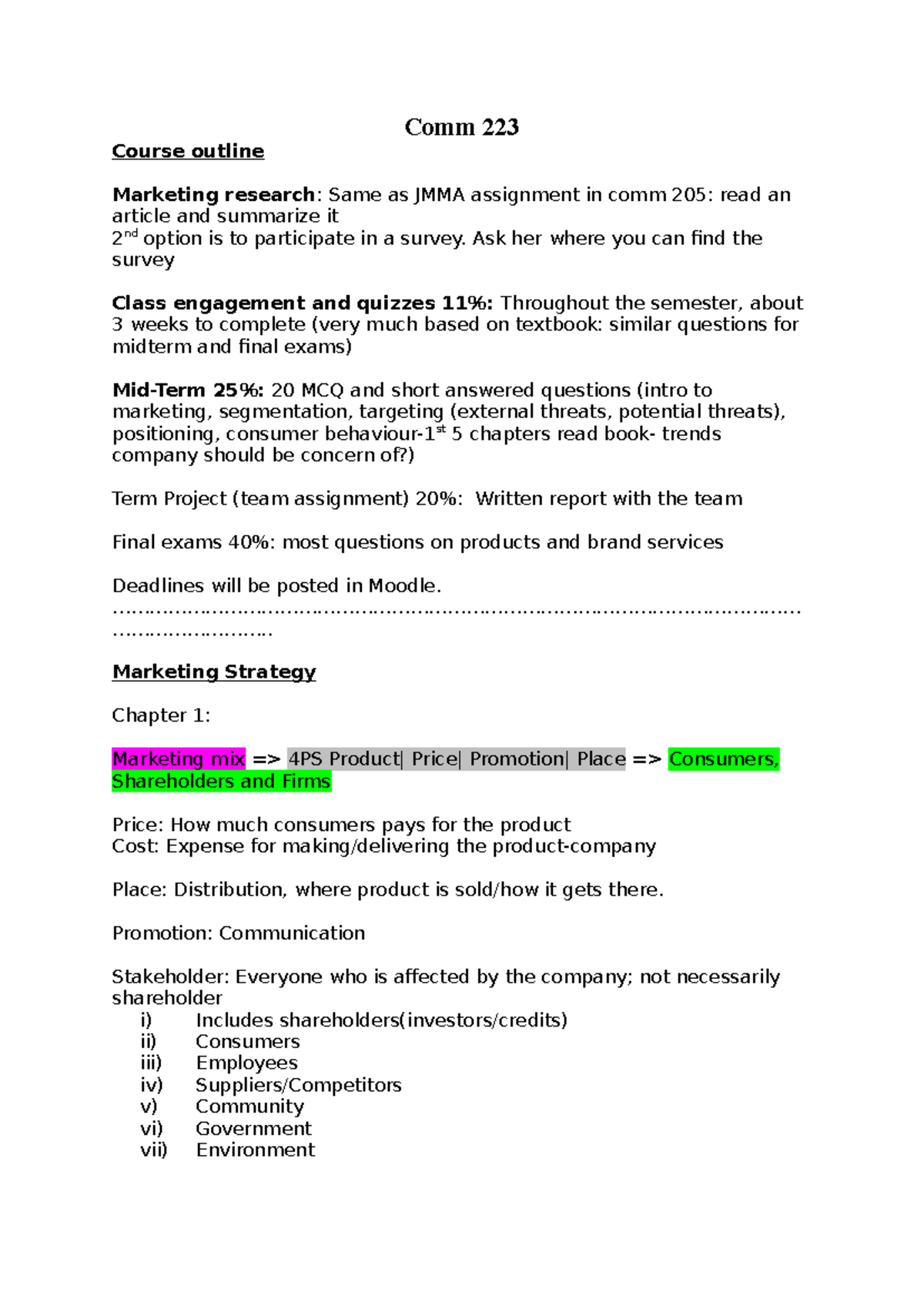 Comm 223 Marketing Notes: Course Outline and Key Concepts - Studocu