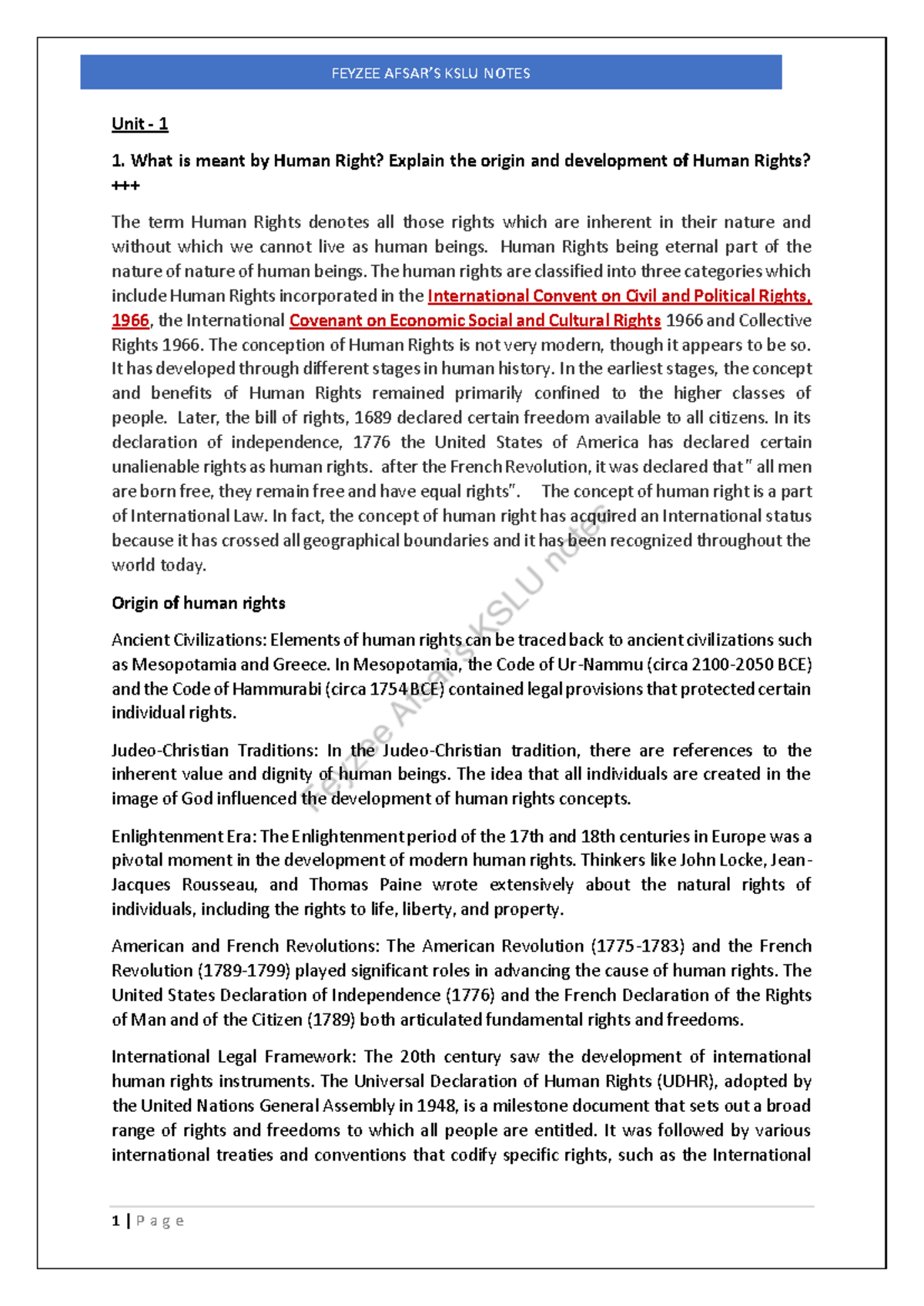 Human Rights Notes - Unit - 1 What is meant by Human Right? Explain the ...