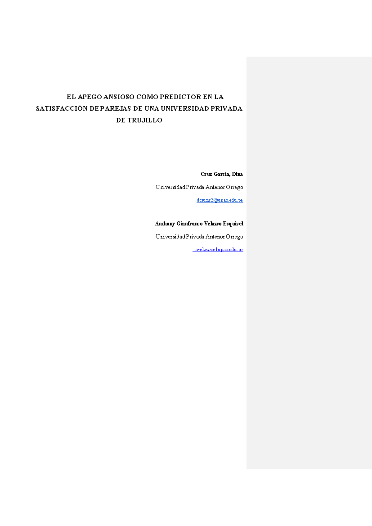 Apego Ansioso como Predictor de Satisfacción en Parejas Universitarias (UPAO) - Document Preview