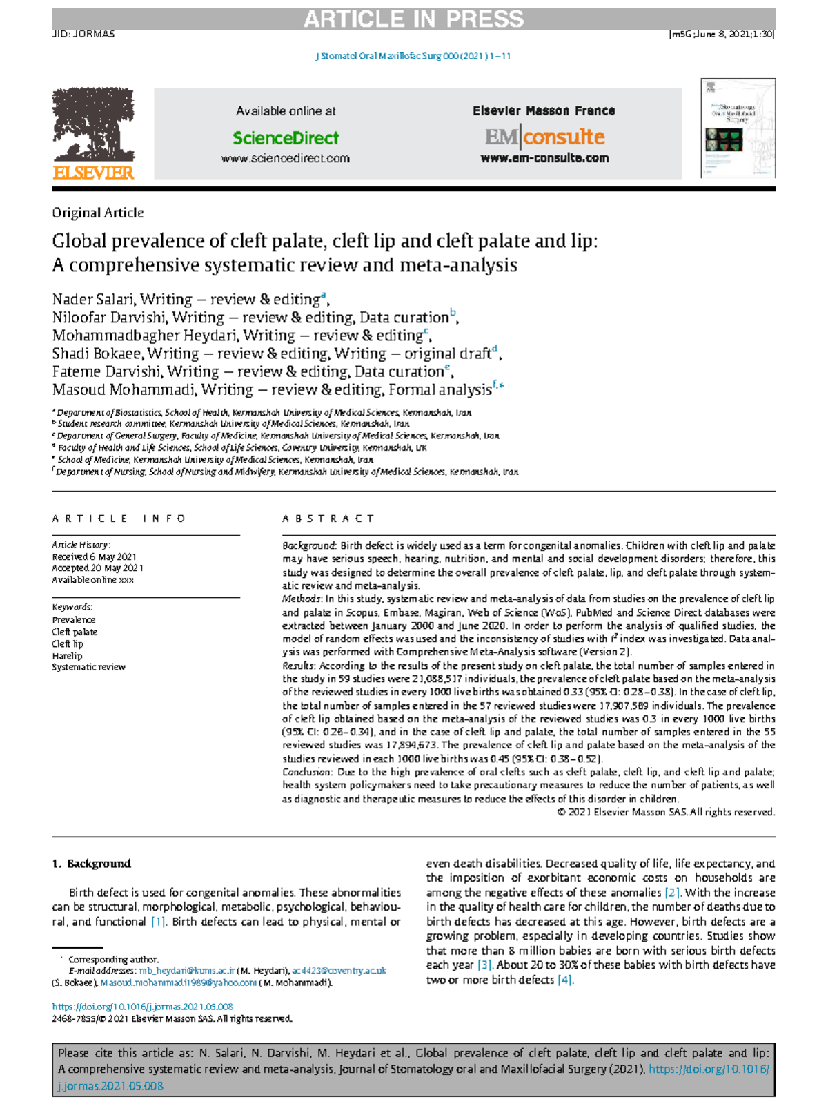 Global Prevalence of Cleft Lip and Palate: A Systematic Review (JORMAS ...