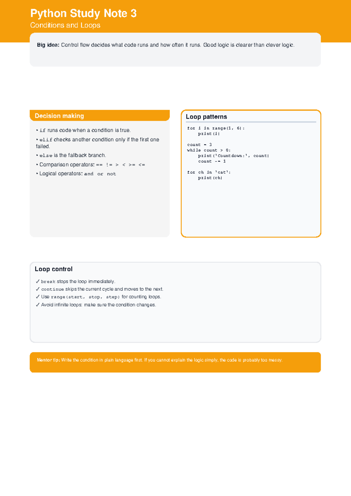 Python Study Note 3: Control Flow & Loops Overview - Studocu