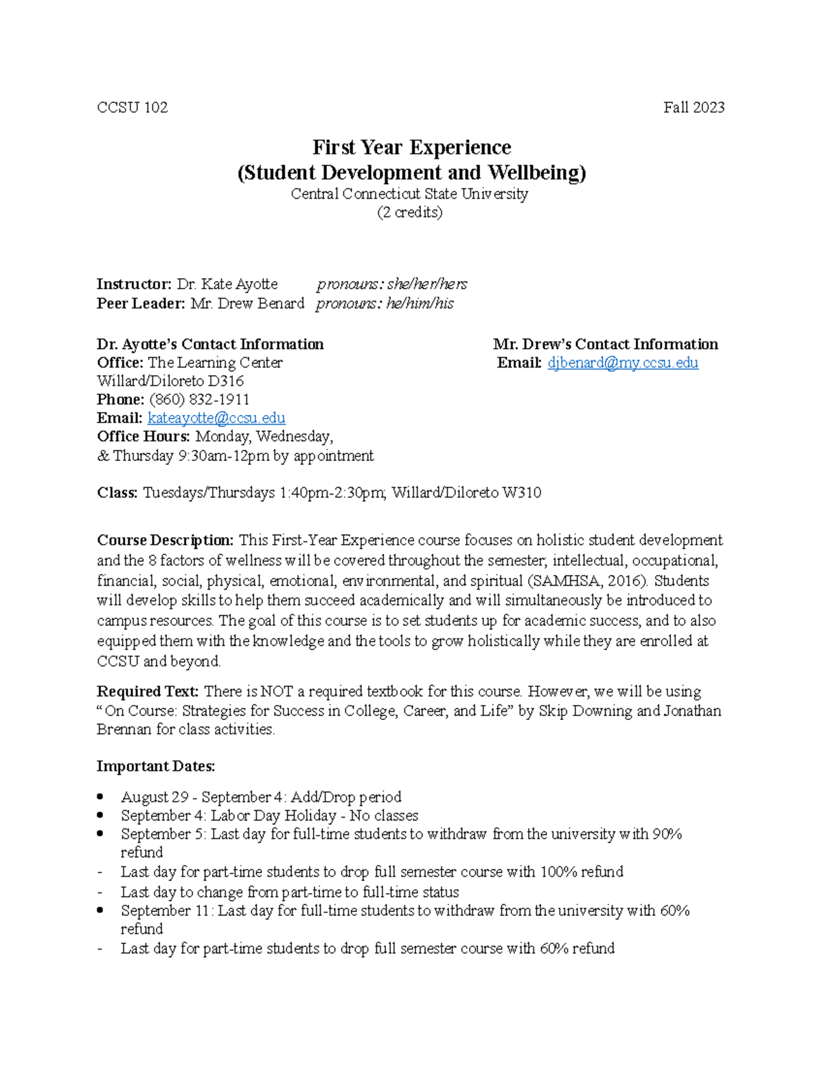 CCSU 102 Fall 2023: First Year Experience Course Syllabus - Studocu