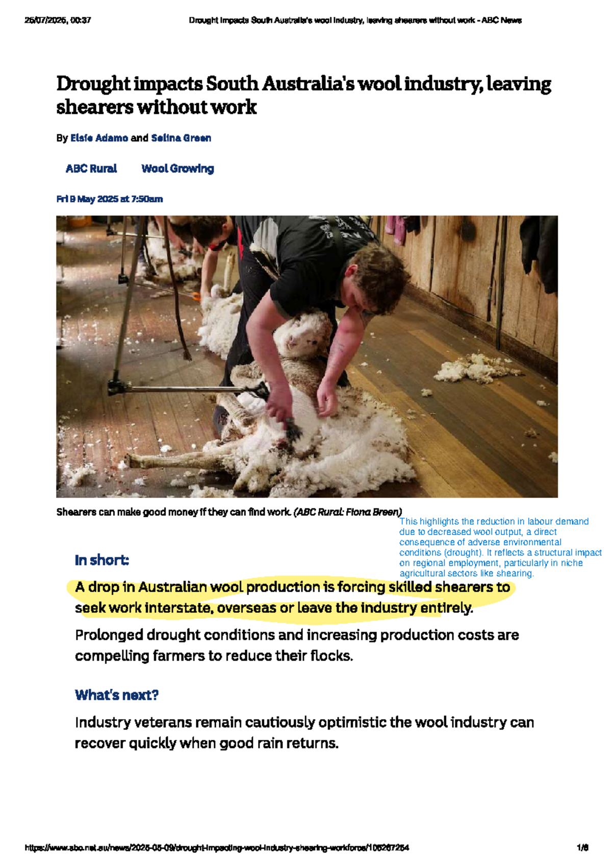 Drought Impacts on Labour Markets: Wool Sector Analysis - Studocu