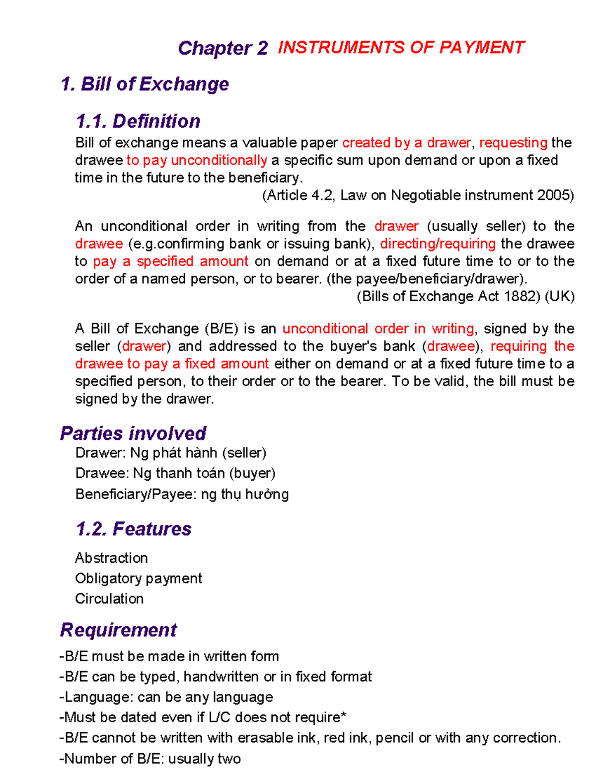 Chapter 2: Instruments of Payment - Bill of Exchange Explained - Studocu