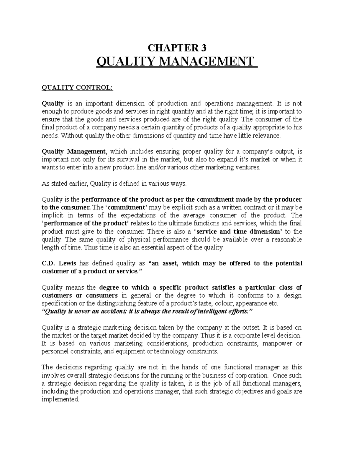 BÀi tập quản trị - CHAPTER 3 QUALITY MANAGEMENT QUALITY CONTROL ...