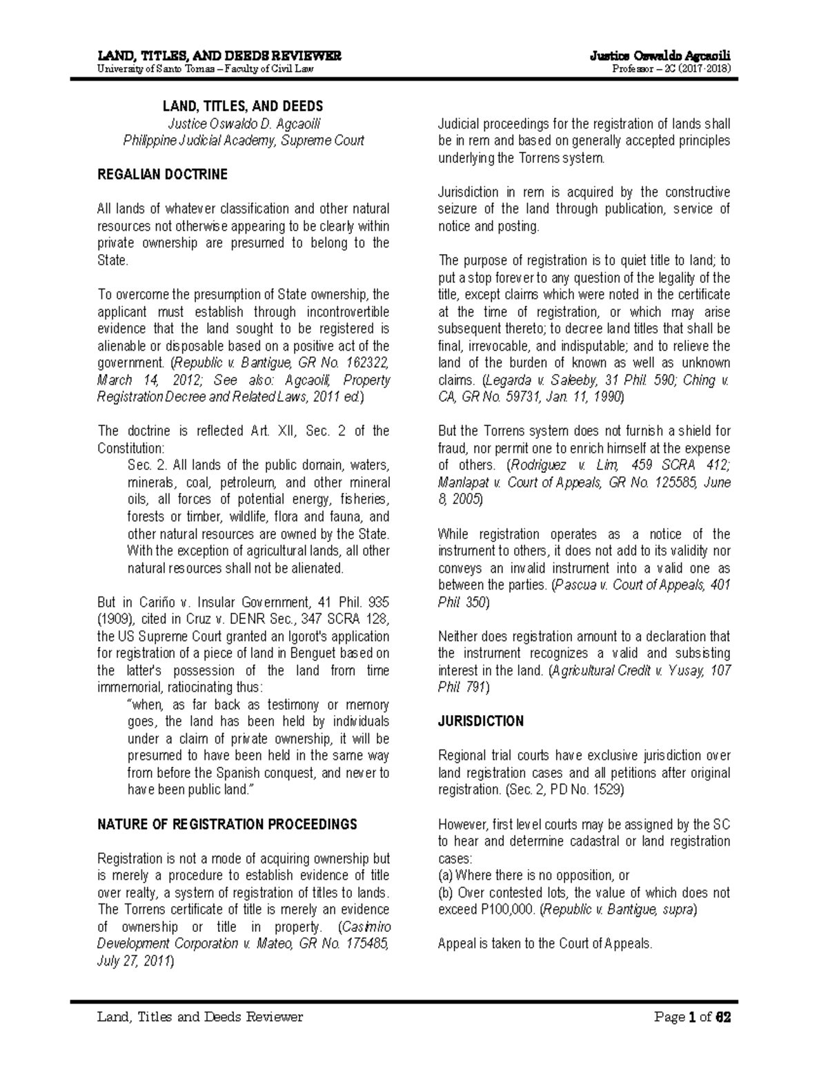 LAND TITLES AND DEEDS REVIEWER (CIVIL LAW 2C - 2017/18) - Document Preview