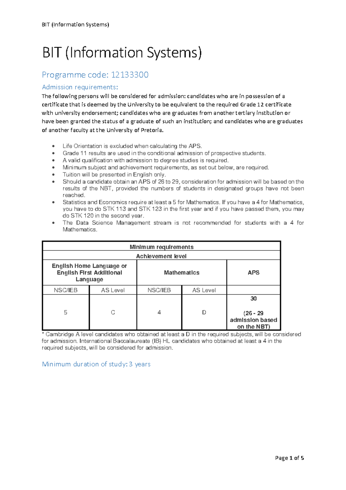 BIT (Information Systems) Admission Requirements Overview - Studocu