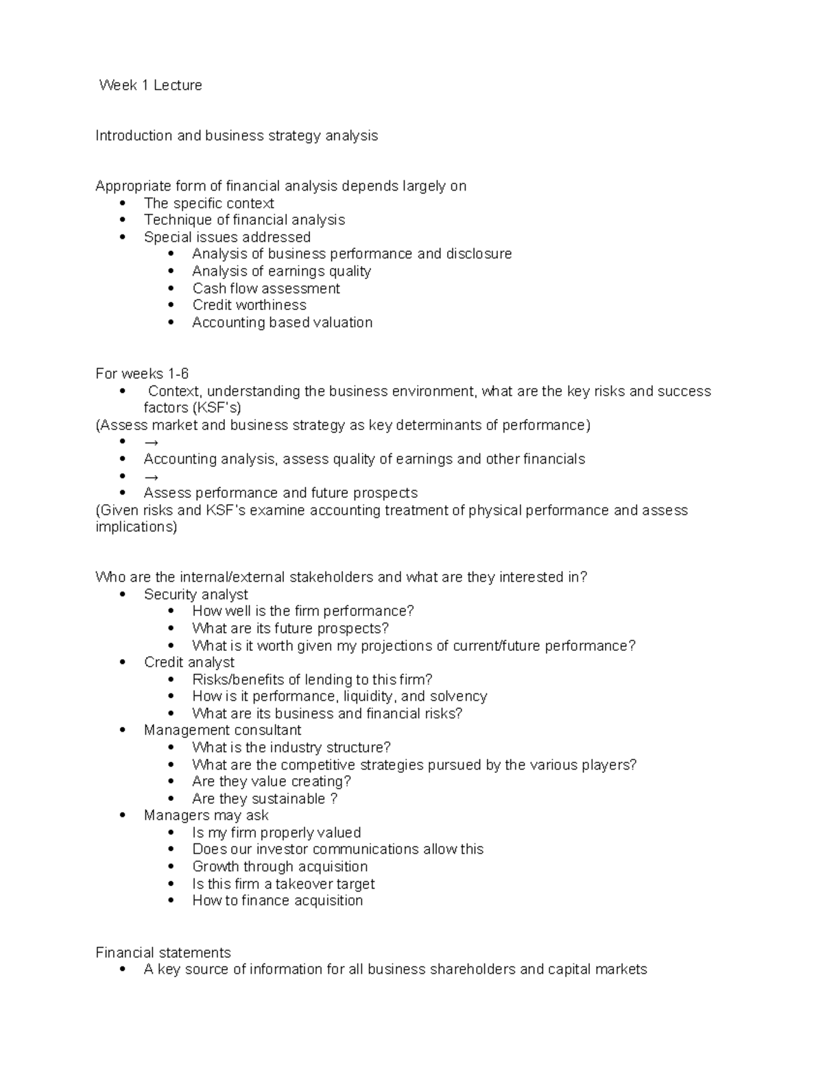 ACCT 3013 Week 1 Lecture: Business Strategy & Financial Analysis ...
