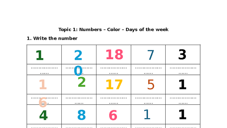 Topic 1: Numbers, Colors, and Days of the Week Activities - Studocu