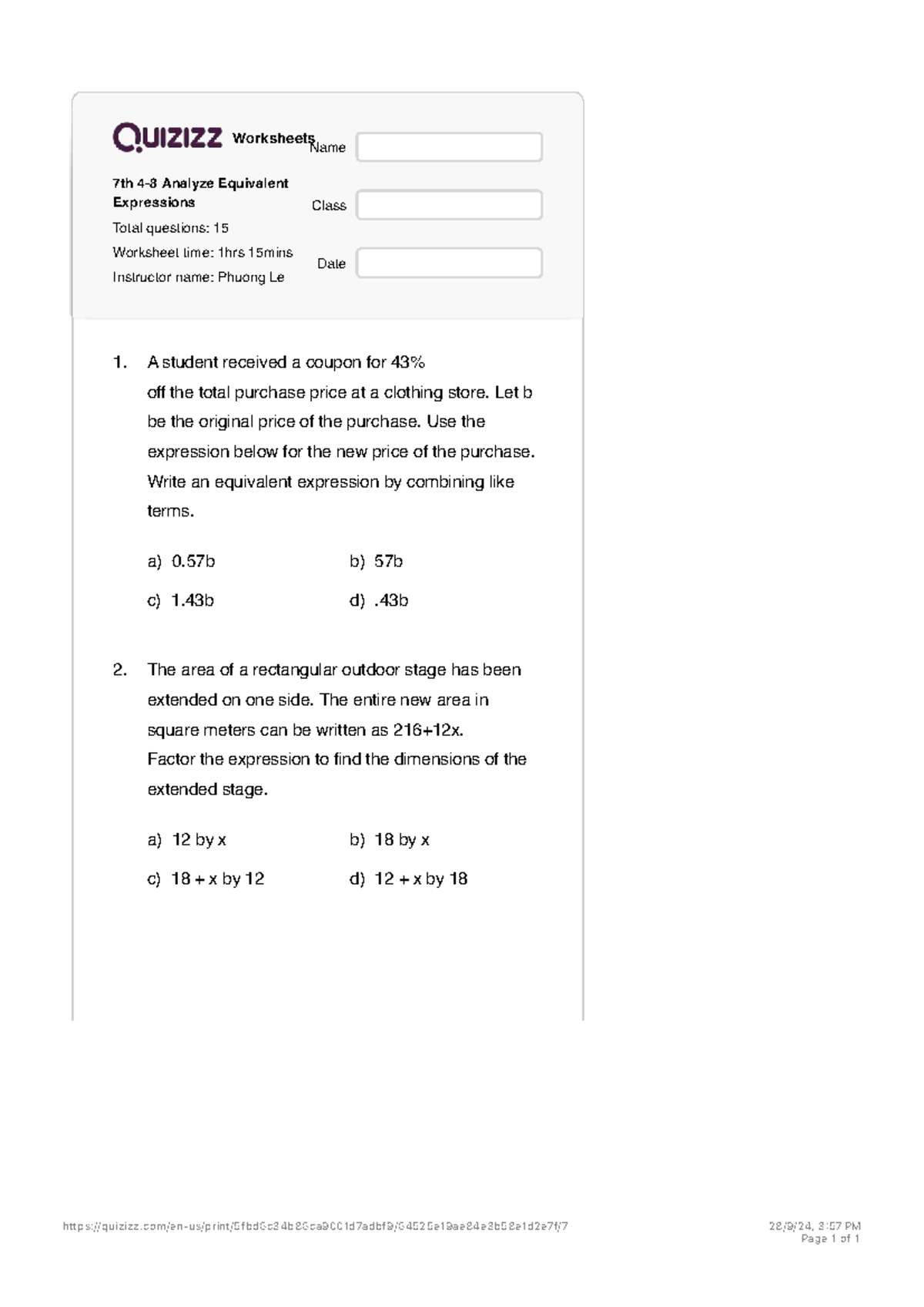 7th Grade Math: Analyzing Equivalent Expressions Worksheet - Studocu