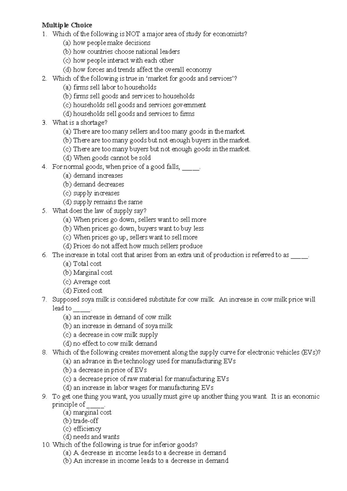 Economics Course Review: Multiple Choice Questions (MCQ) - Studocu