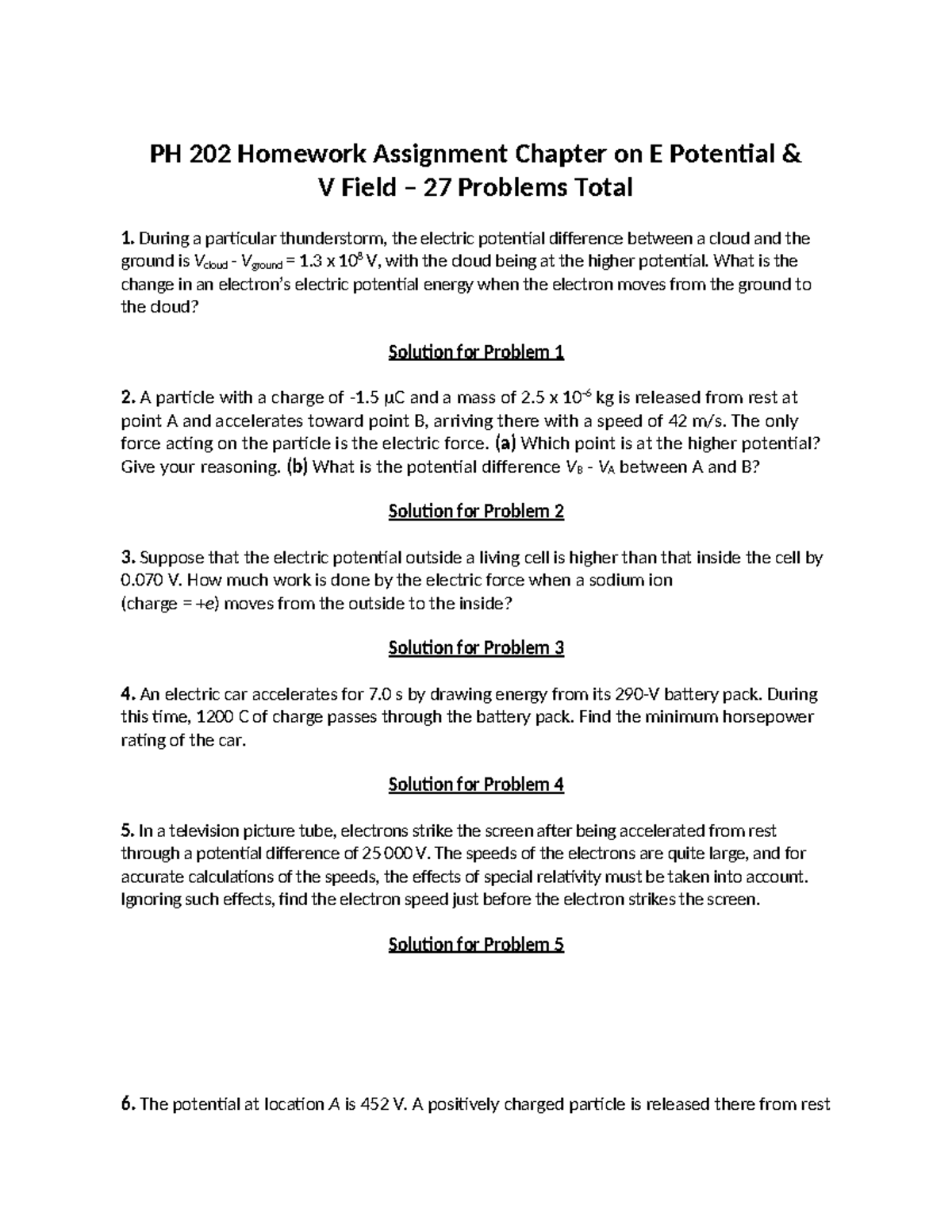PH 202 Homework Assignment: Electric Potential & V Field Problems - Studocu
