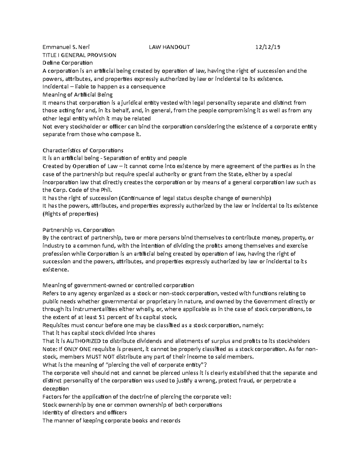 LAW 101: Comprehensive Notes on Corporation Law Concepts and ...