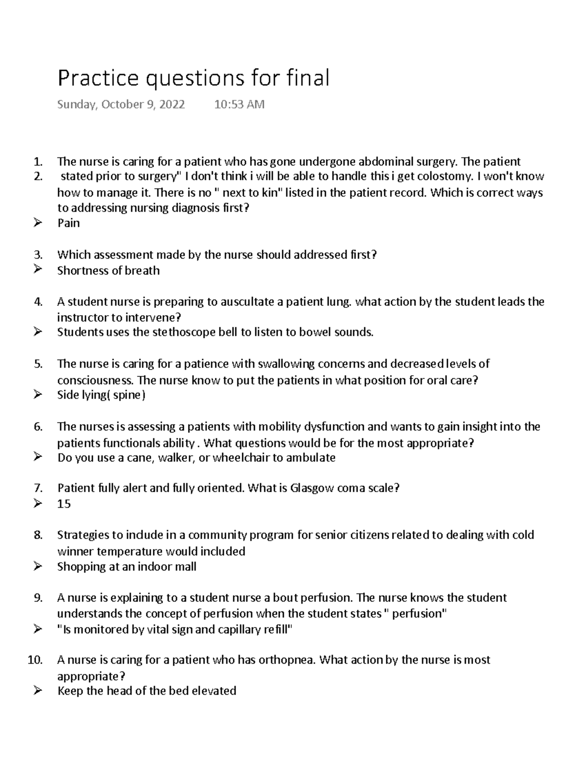 NUR 201 Practice Questions for Final Exam Preparation - Studocu